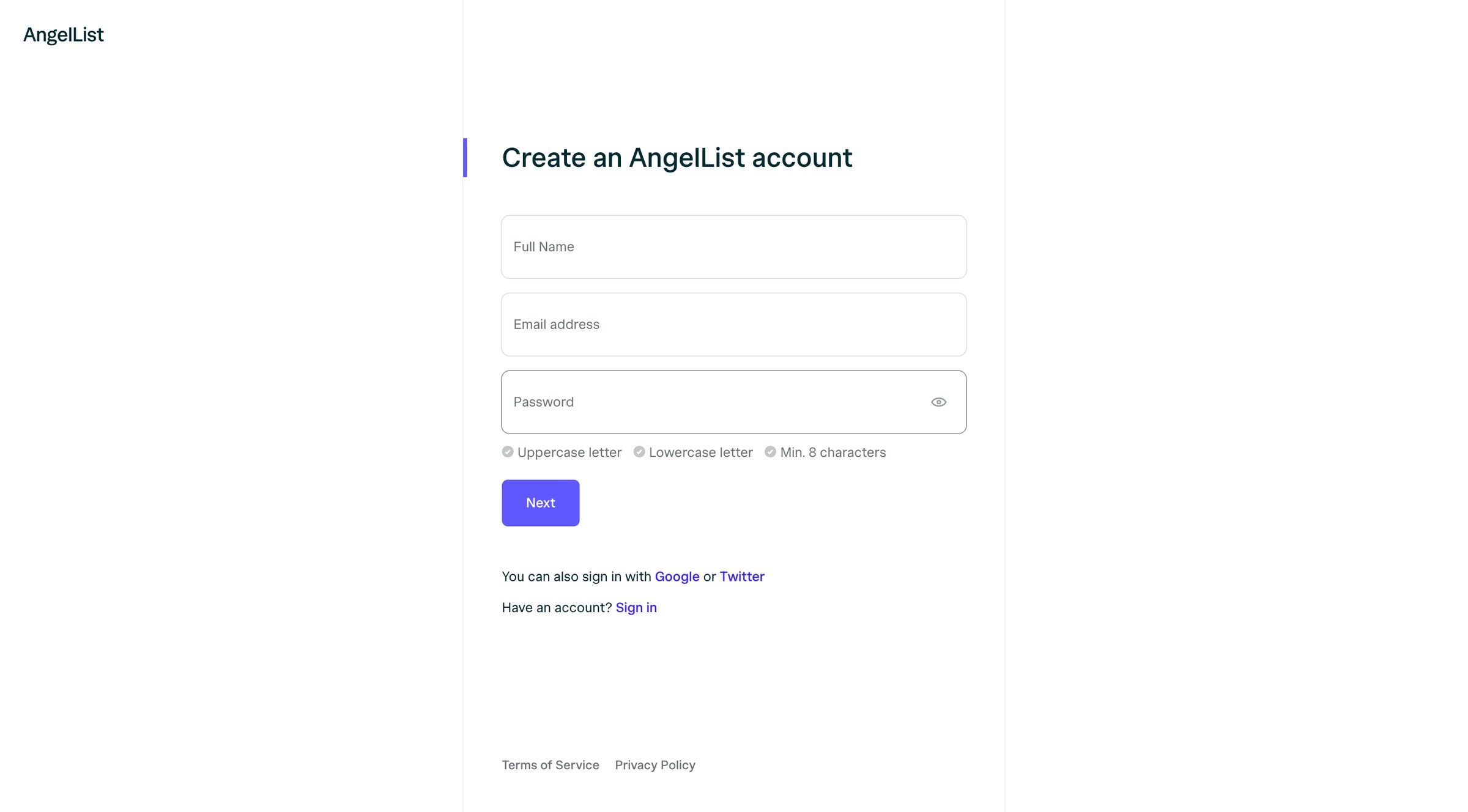 Angellist - Sign Up | AngelList screen
