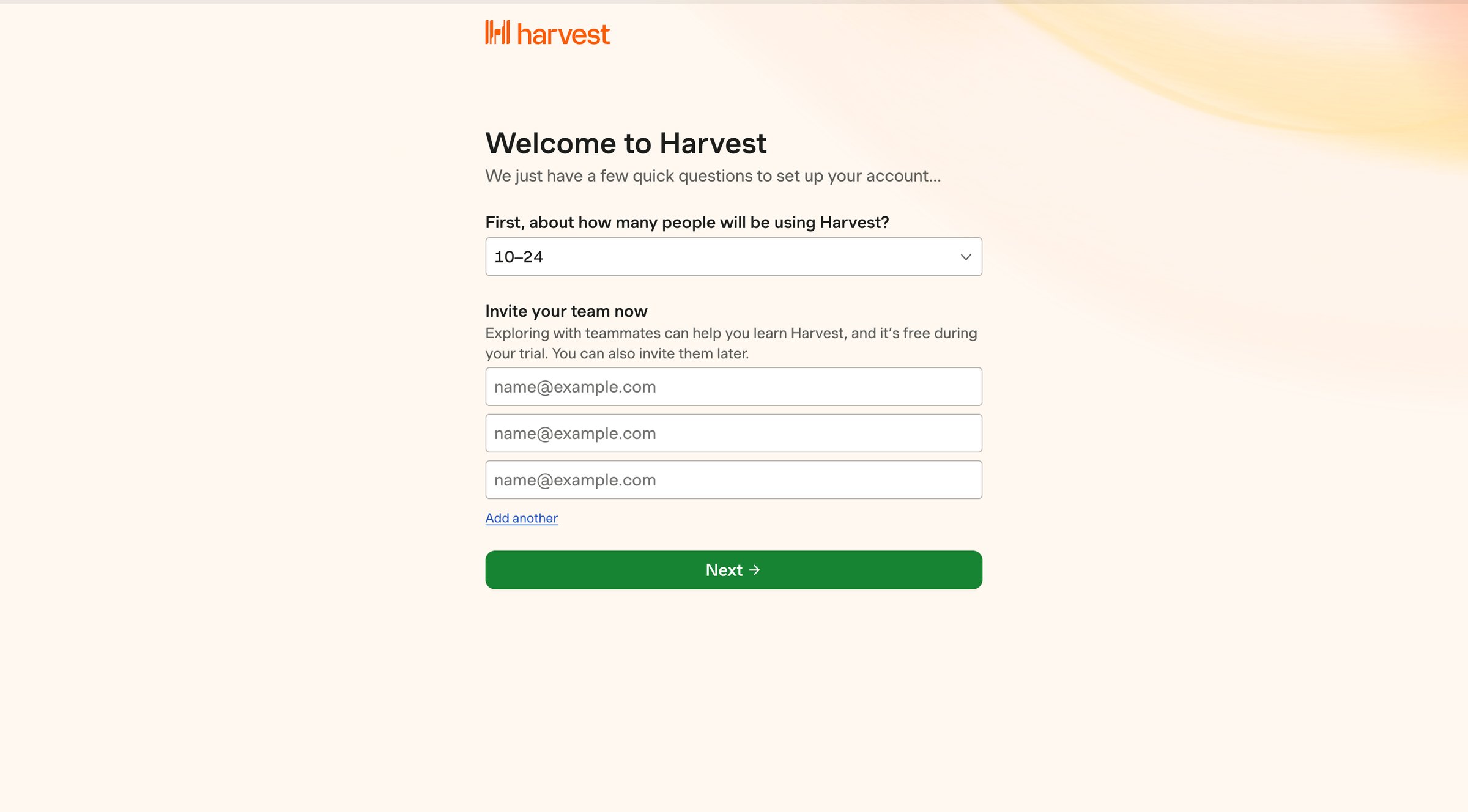 Harvest - Welcome to Harvest screen