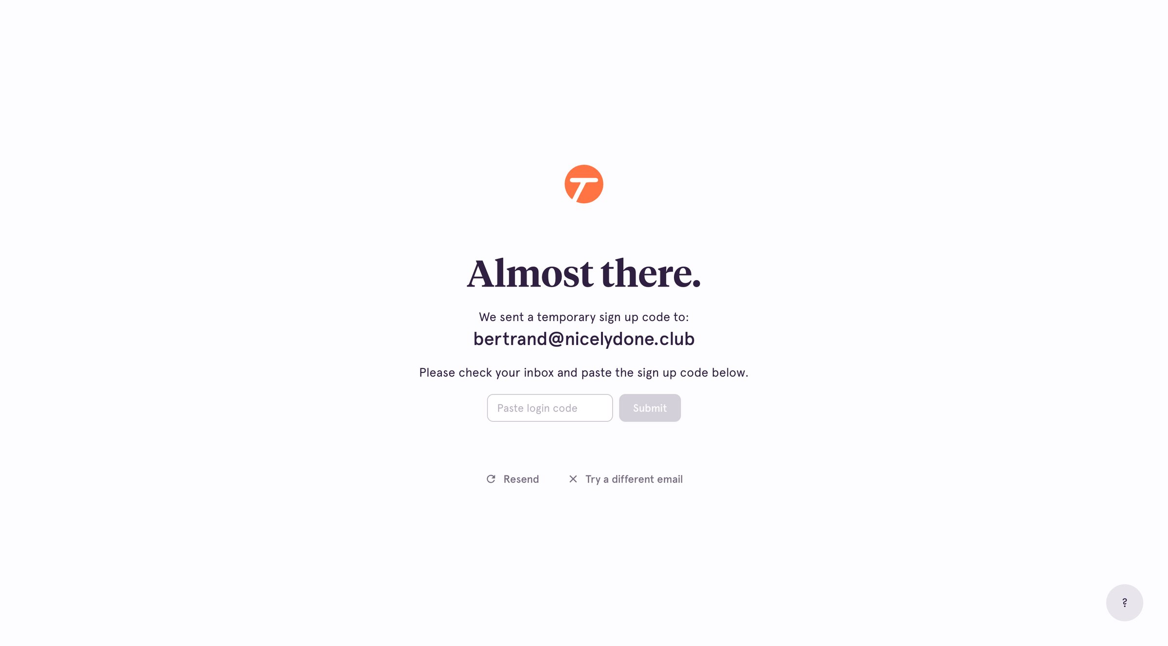 Tango - Confirm Sign Up screen