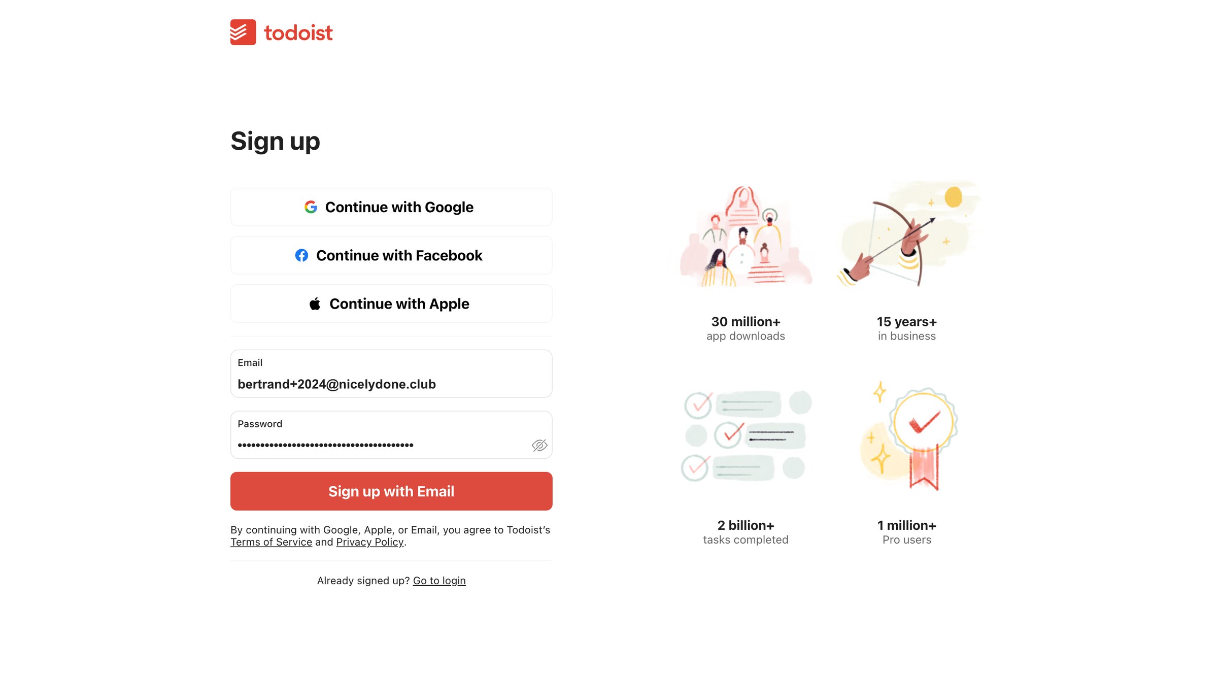 Todoist - Sign up for a free Todoist account screen