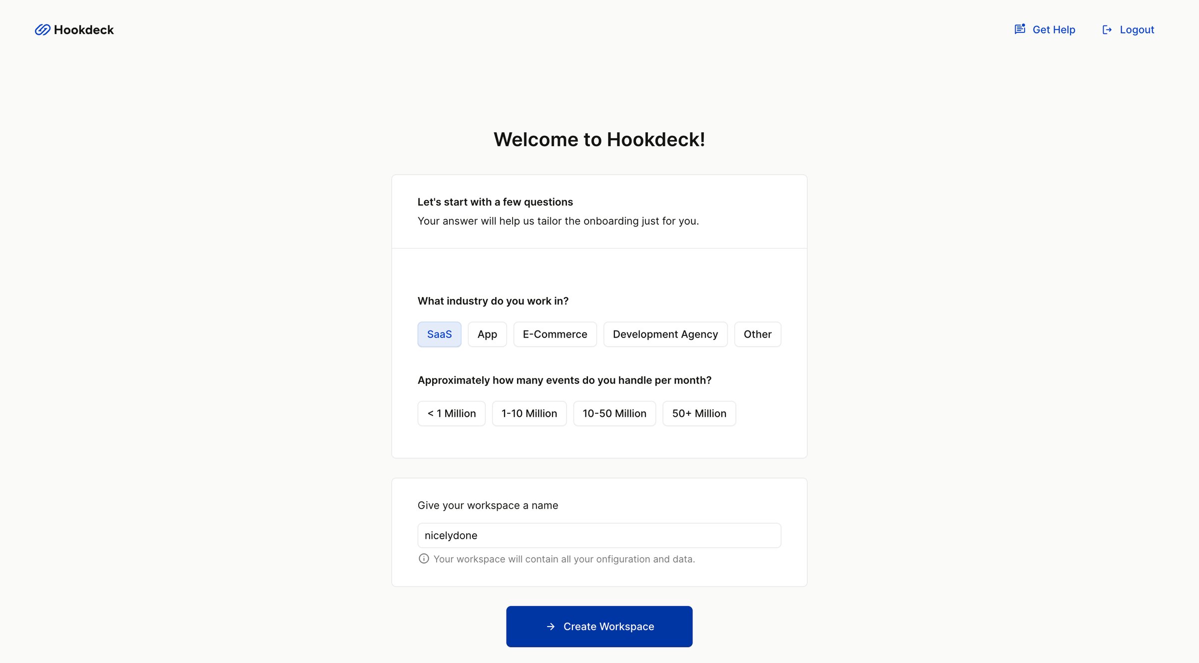 Hookdeck - Onboarding - Workspace - Hookdeck screen