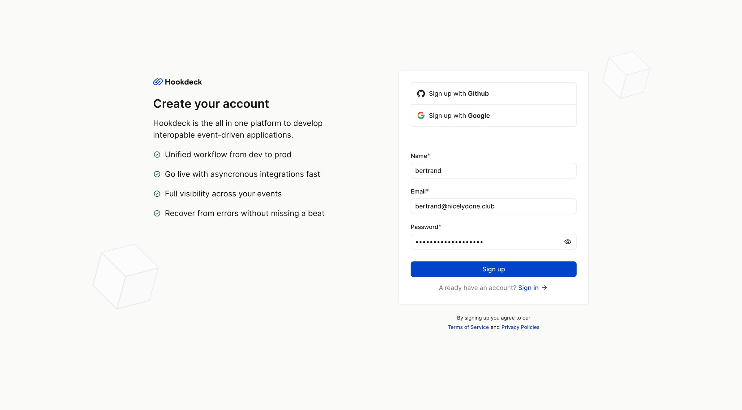 Hookdeck - Sign Up with Hookdeck - Hookdeck screen