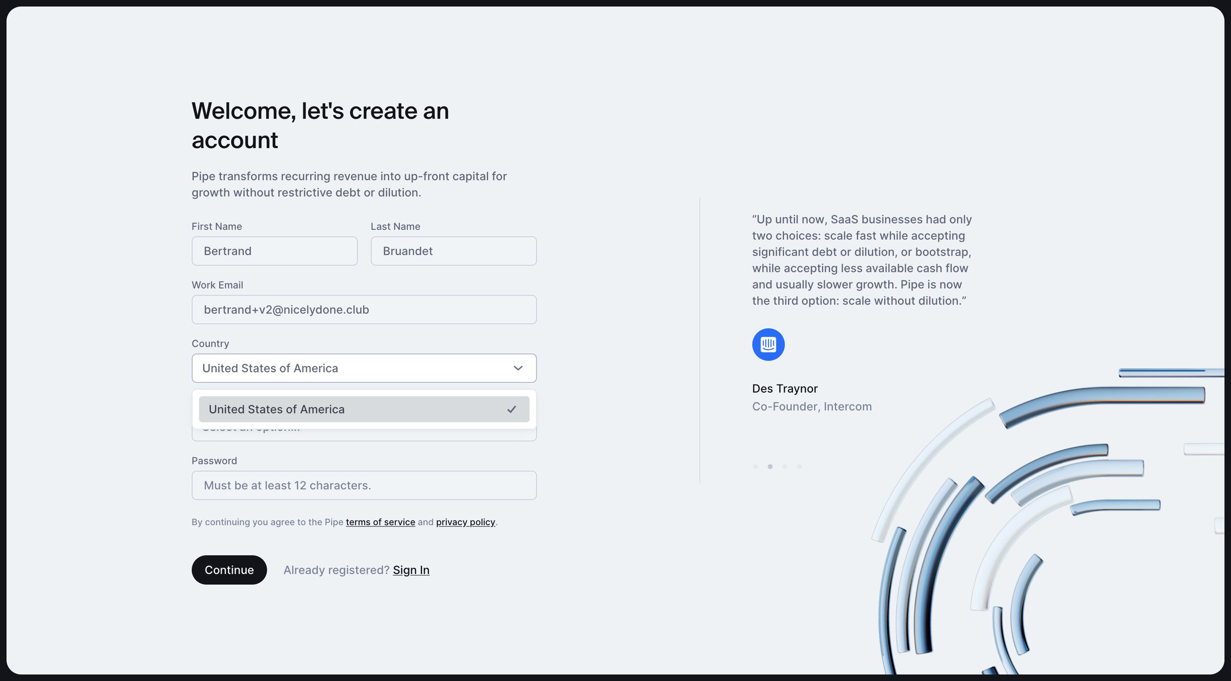 Pipe - Lets create an account screen