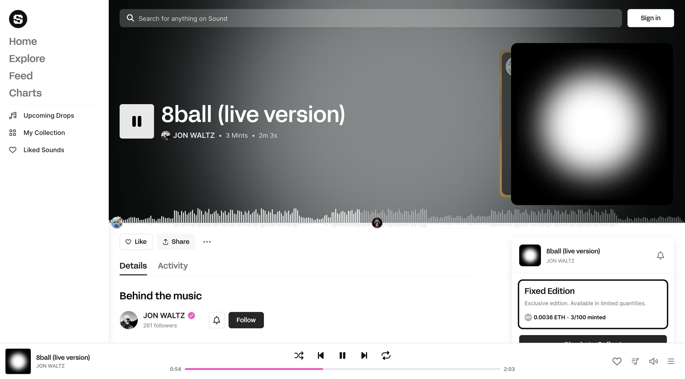 Sound.xyz - 8ball live version • JON WALTZ screen