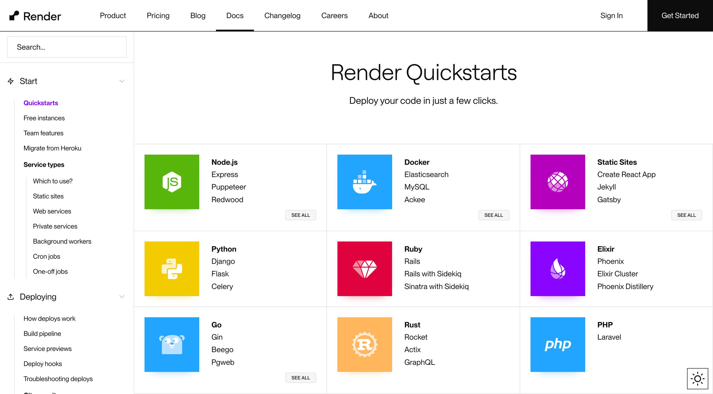 Render - Docs + Quickstarts | Render Docs screen