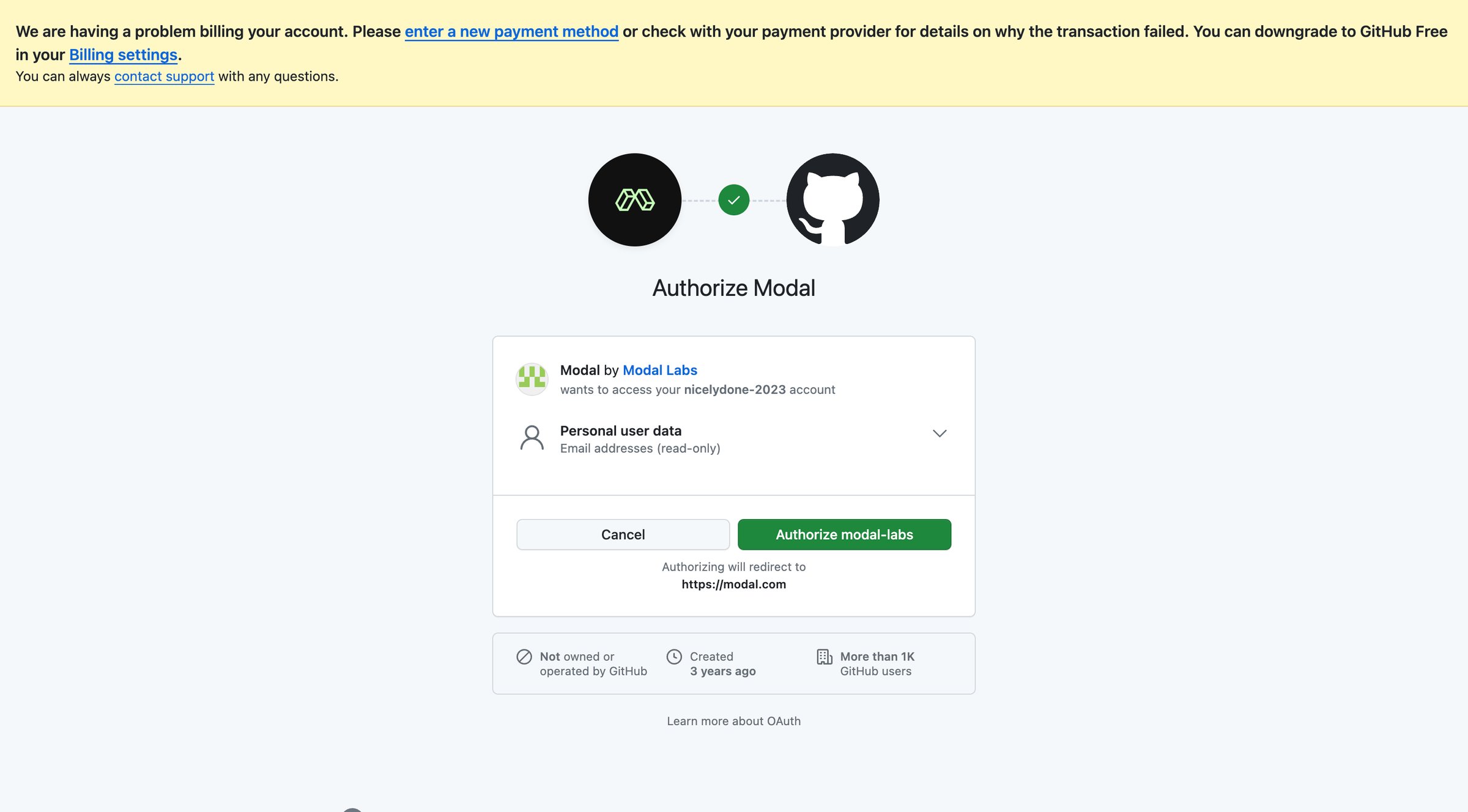 Modal - Authorize application screen