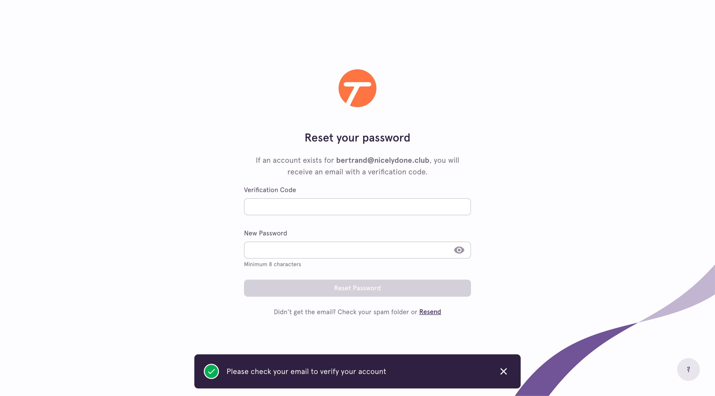Tango - Confirm Reset Password screen