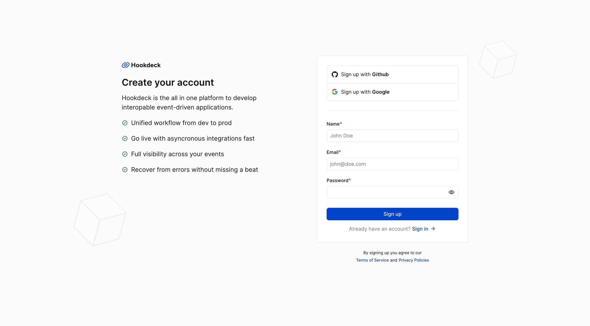 Hookdeck - Sign Up with Hookdeck - Hookdeck screen