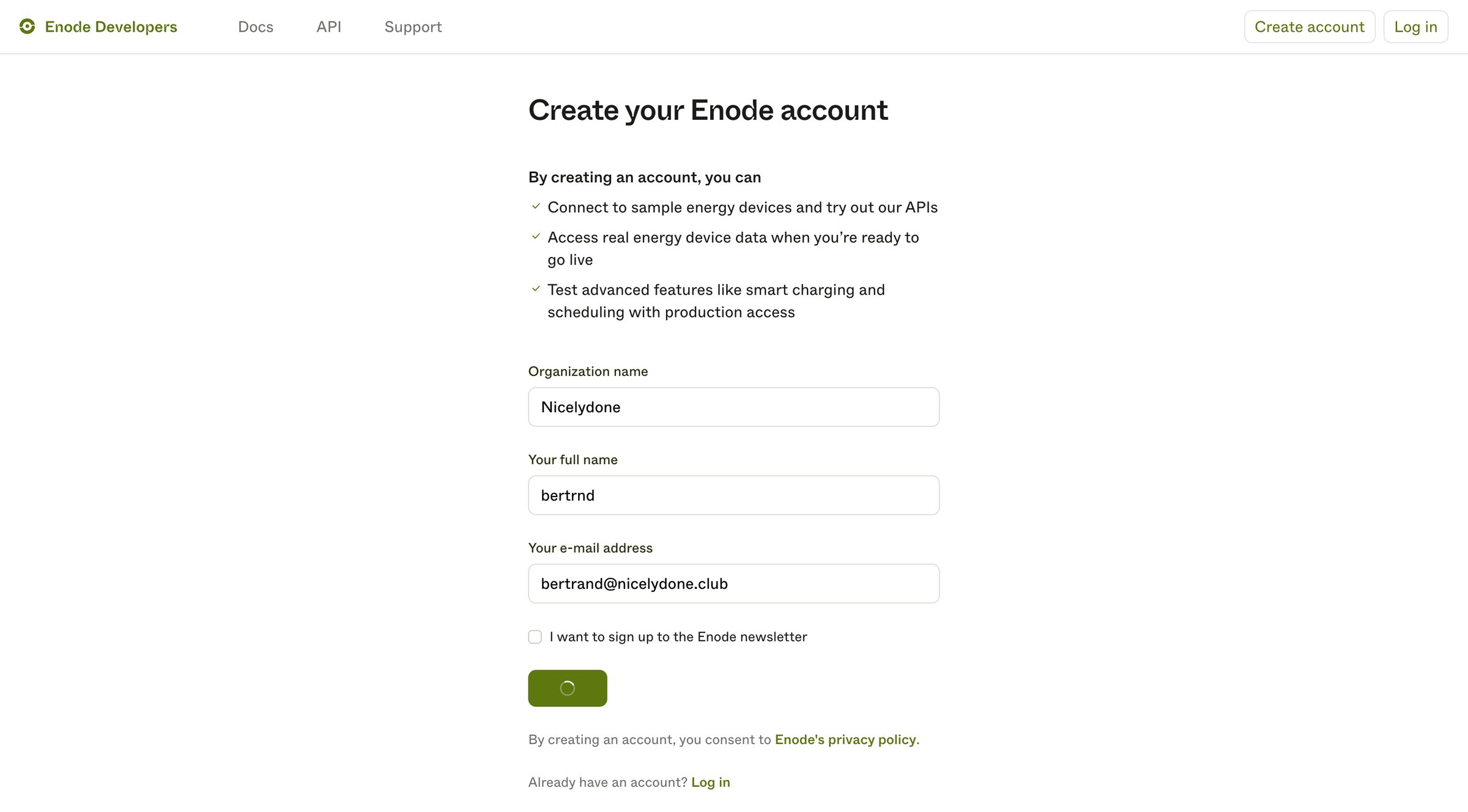 Enode - Create account | Enode Developers screen