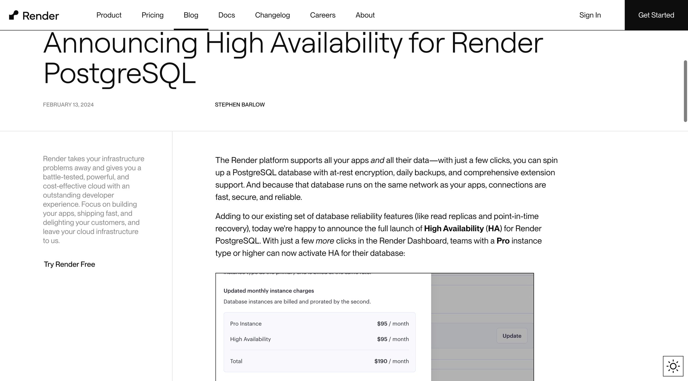 Render - Announcing High Availability for Render PostgreSQL | Render Blog screen