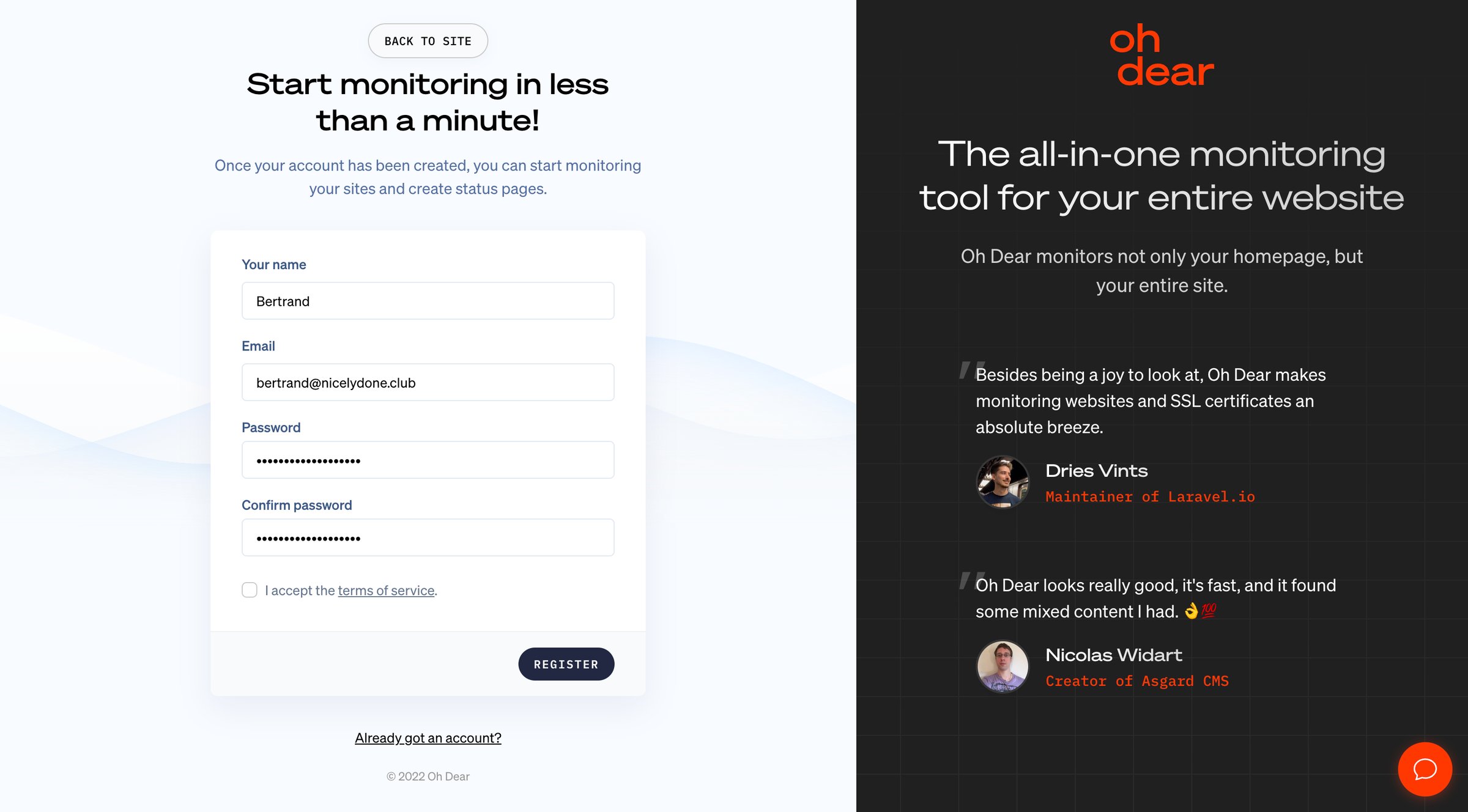 Oh Dear - Start monitoring for free - Oh Dear screen