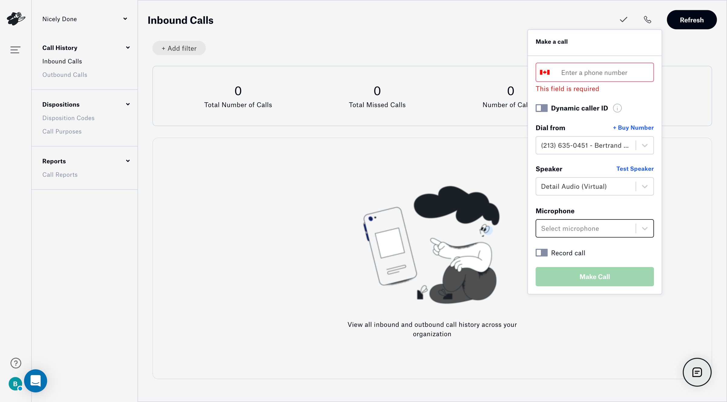 Distrobird - Inbound Calls screen