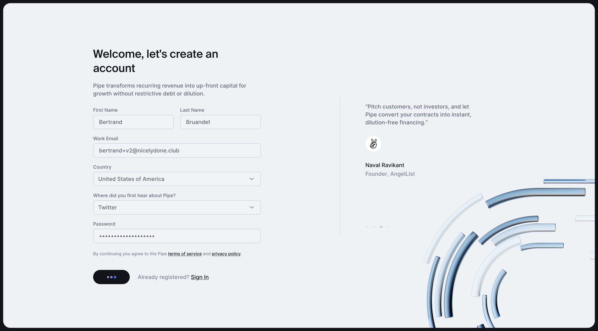 Pipe - Lets create an account screen