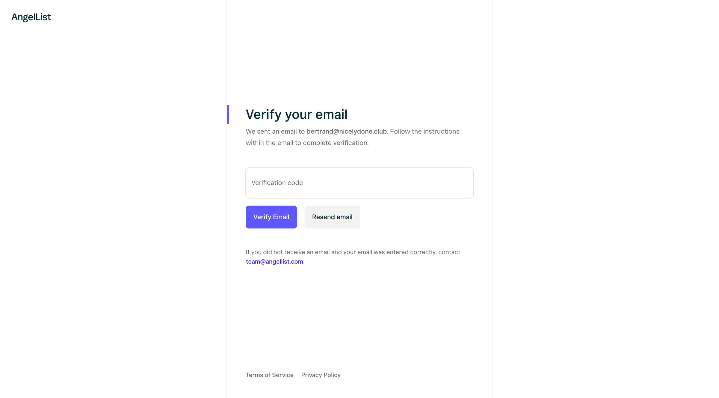 Angellist - Email Verification | AngelList screen