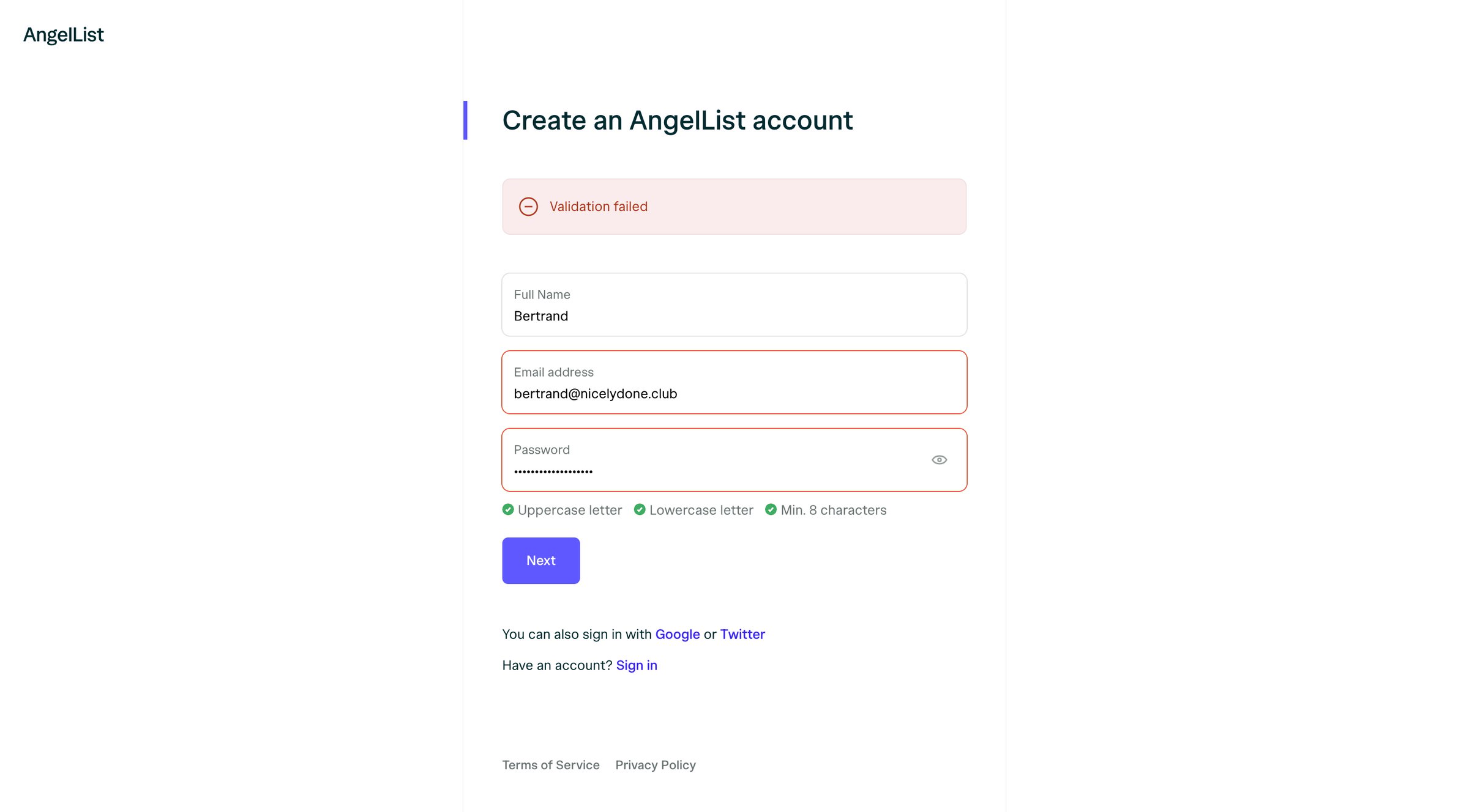 Angellist - Sign Up | AngelList screen