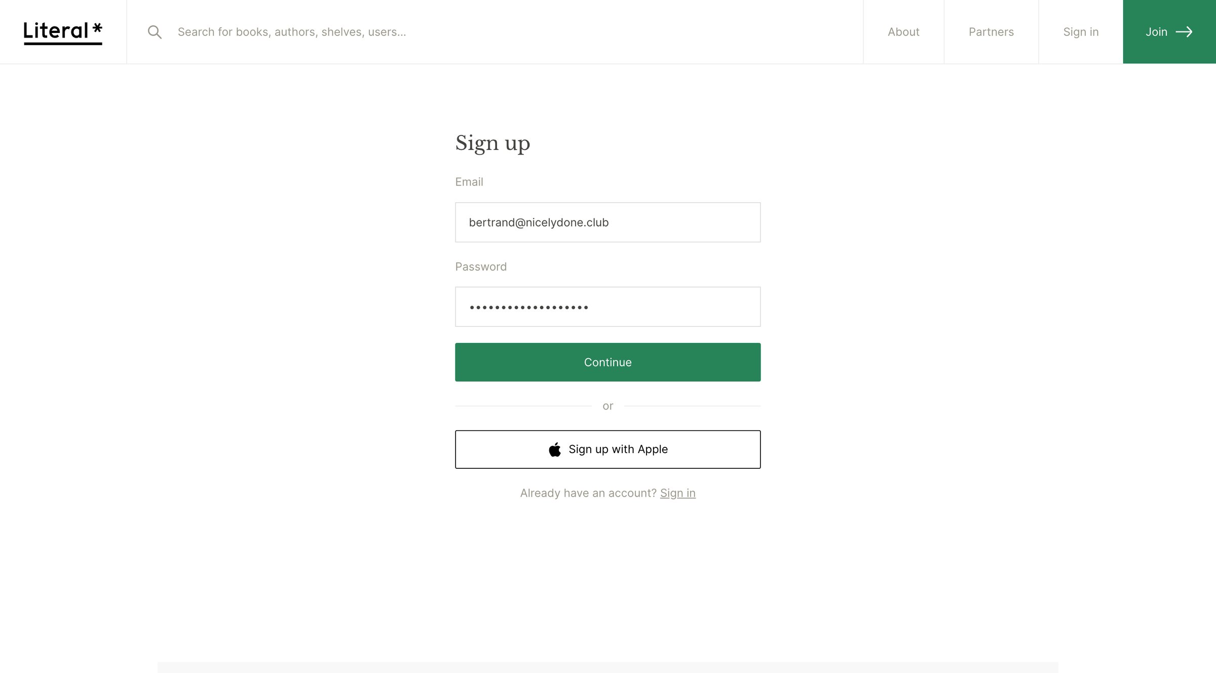 Literal - Sign up | Literal screen