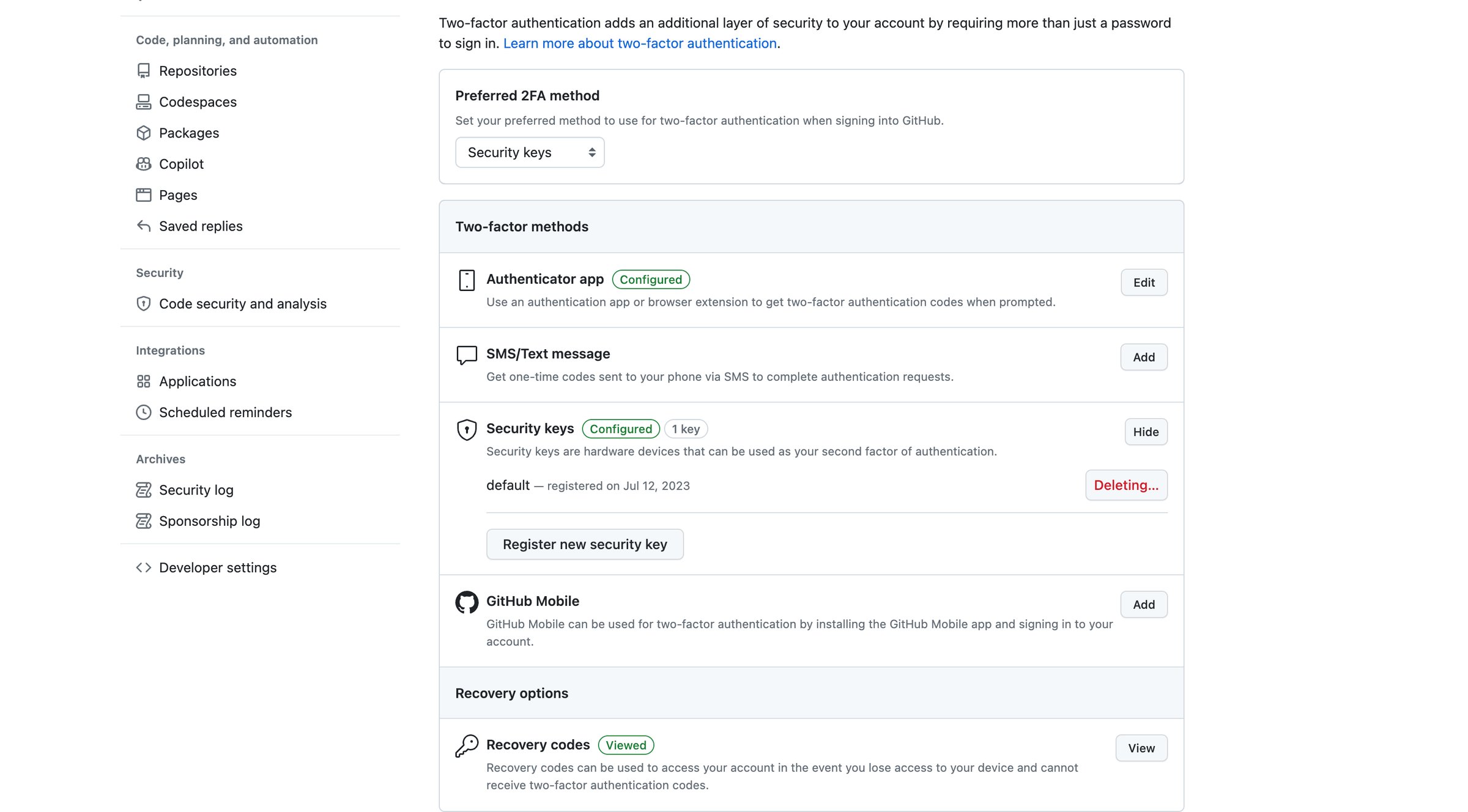 Github - Account security screen