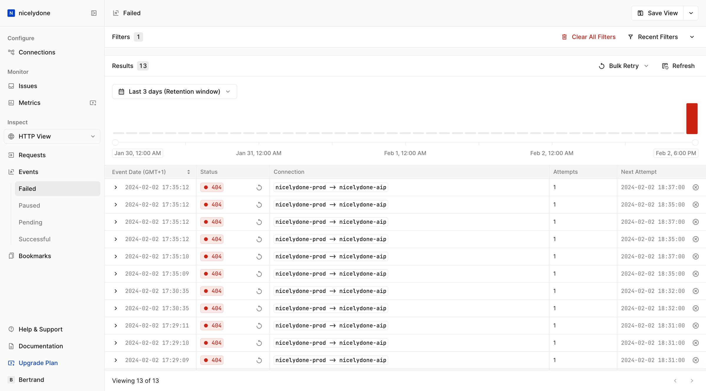 Hookdeck - Events - Failed - Hookdeck screen