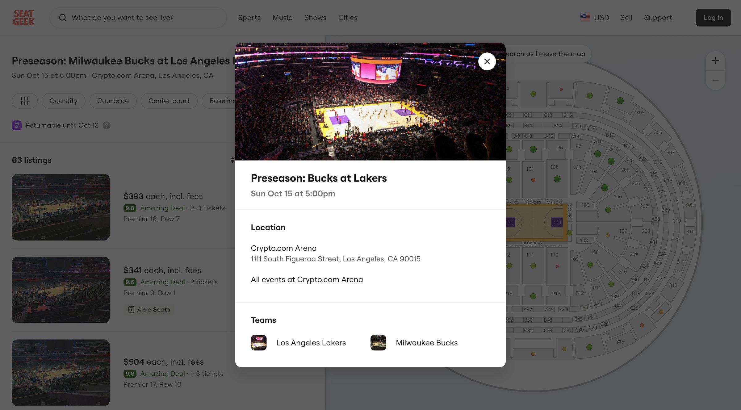 SeatGeek - Preseason Bucks at Lakers Tickets in Los Angeles Crypto.com Arena screen