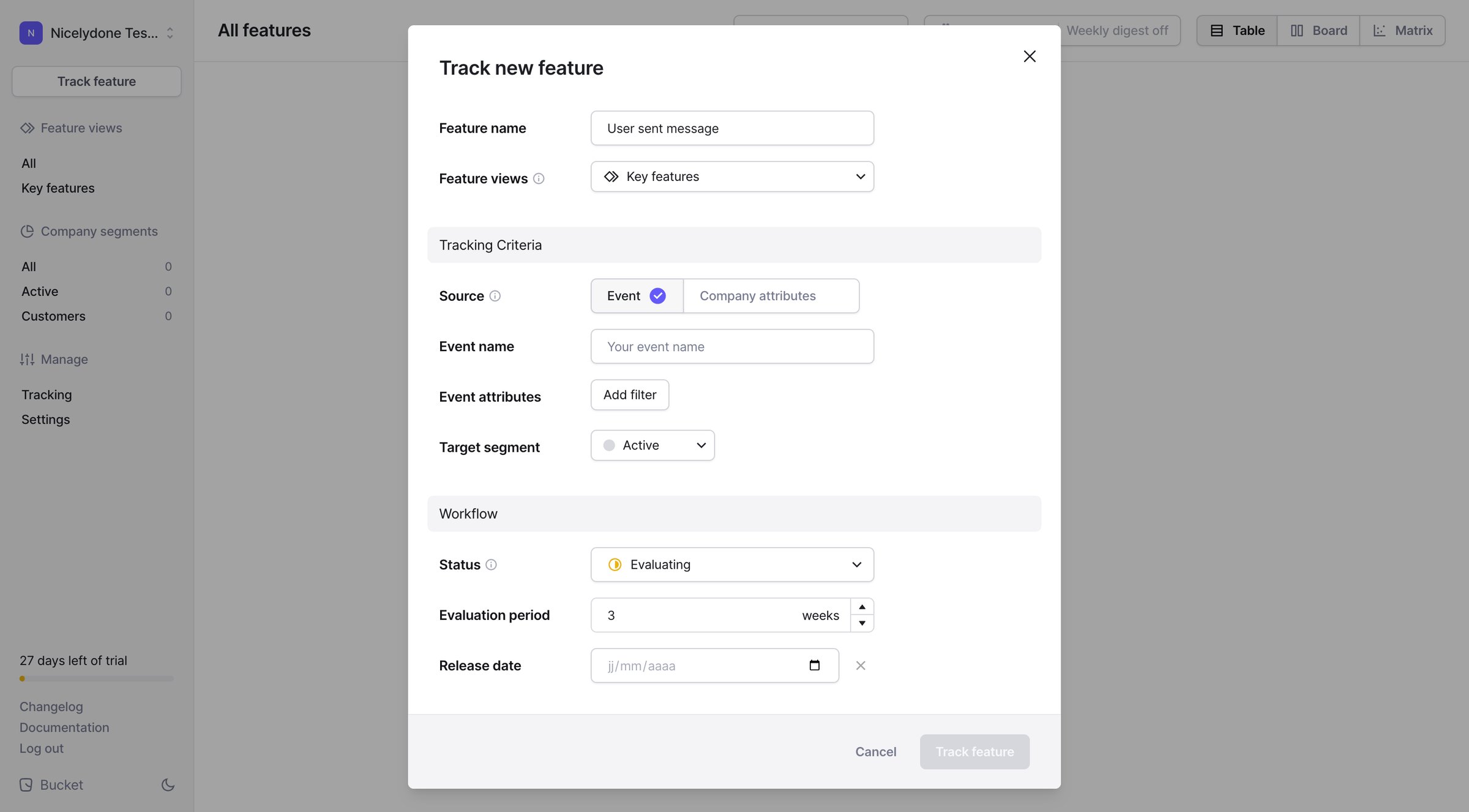 Bucket - Features › All Features screen