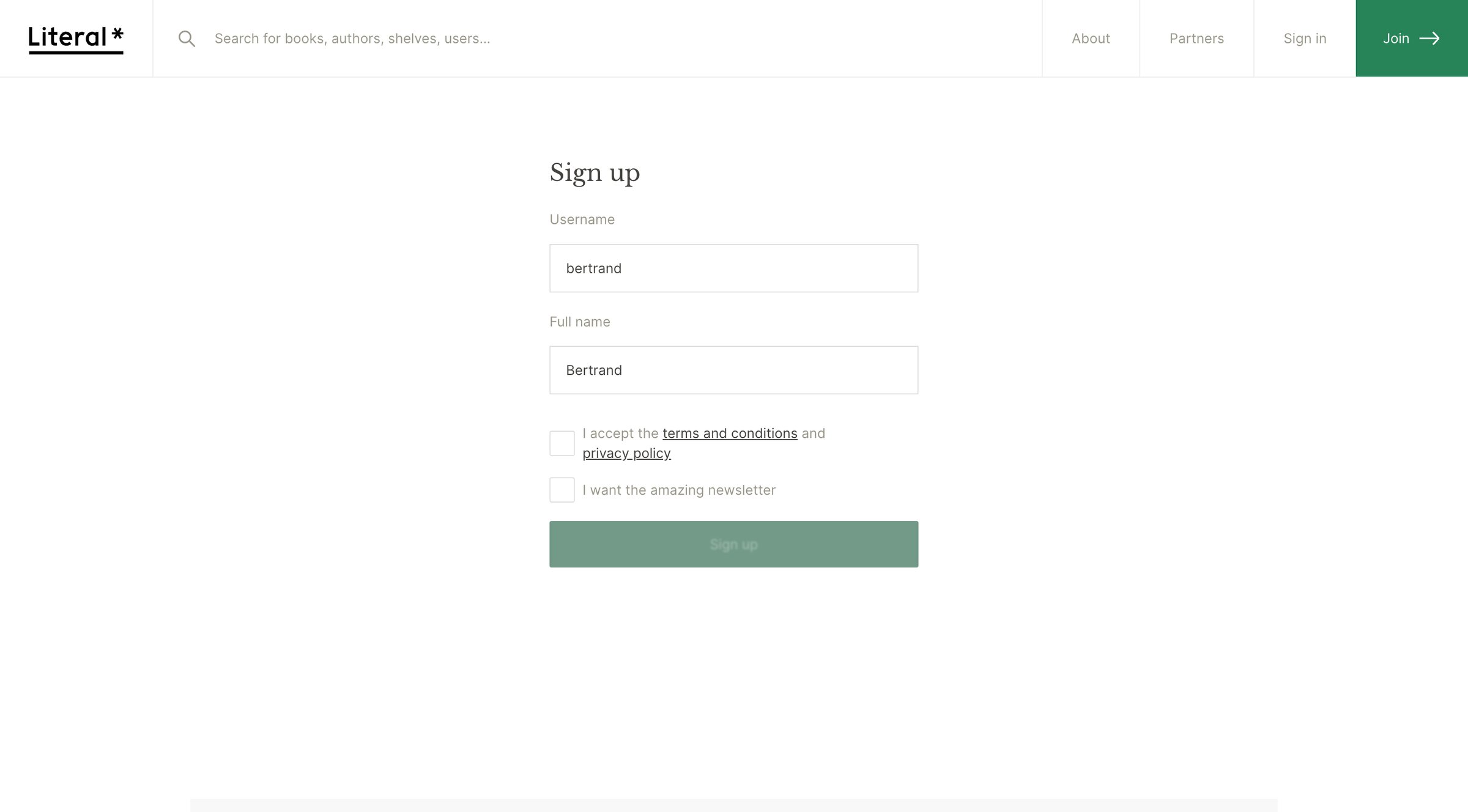 Literal - Sign up | Literal screen