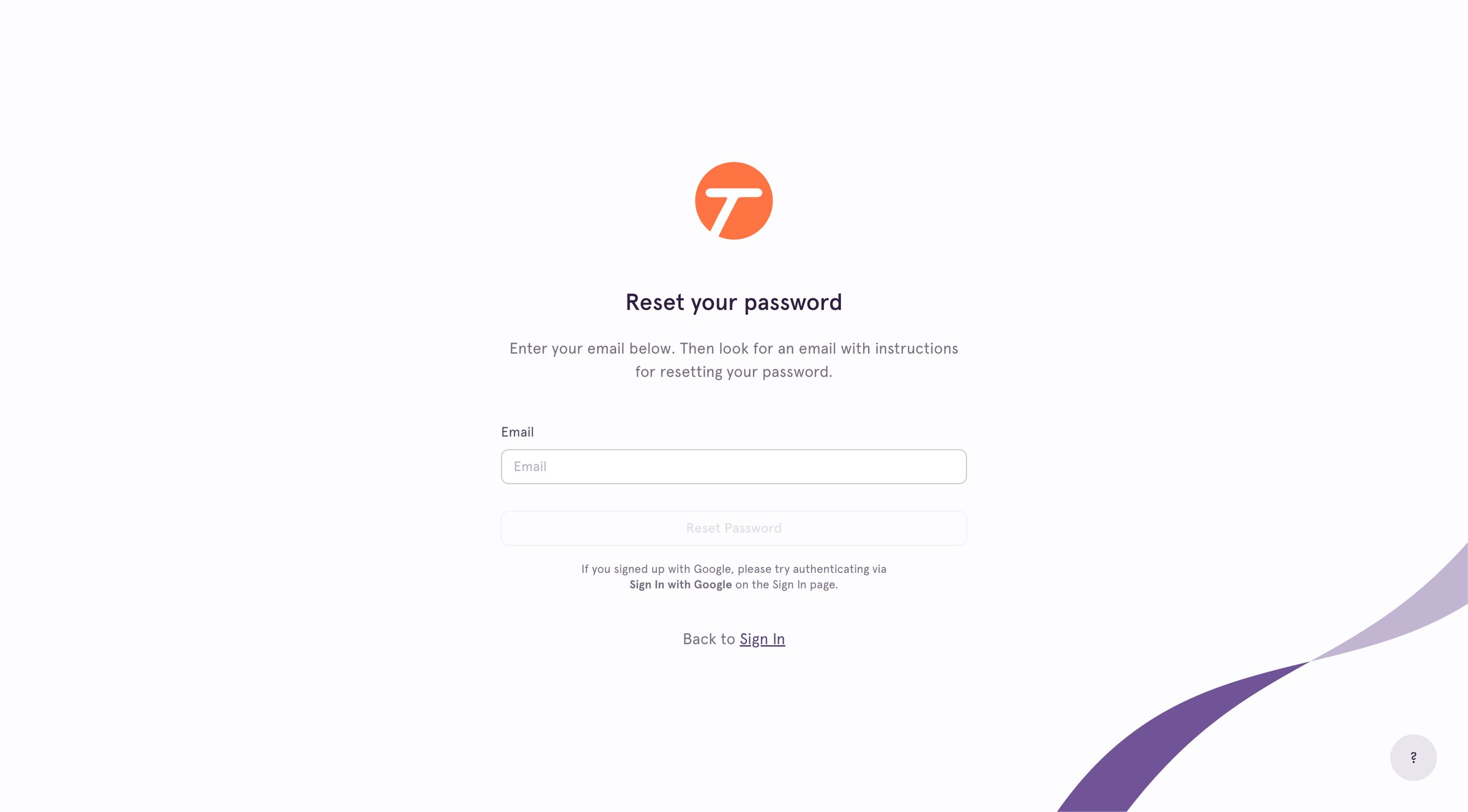 Tango - Reset Password screen