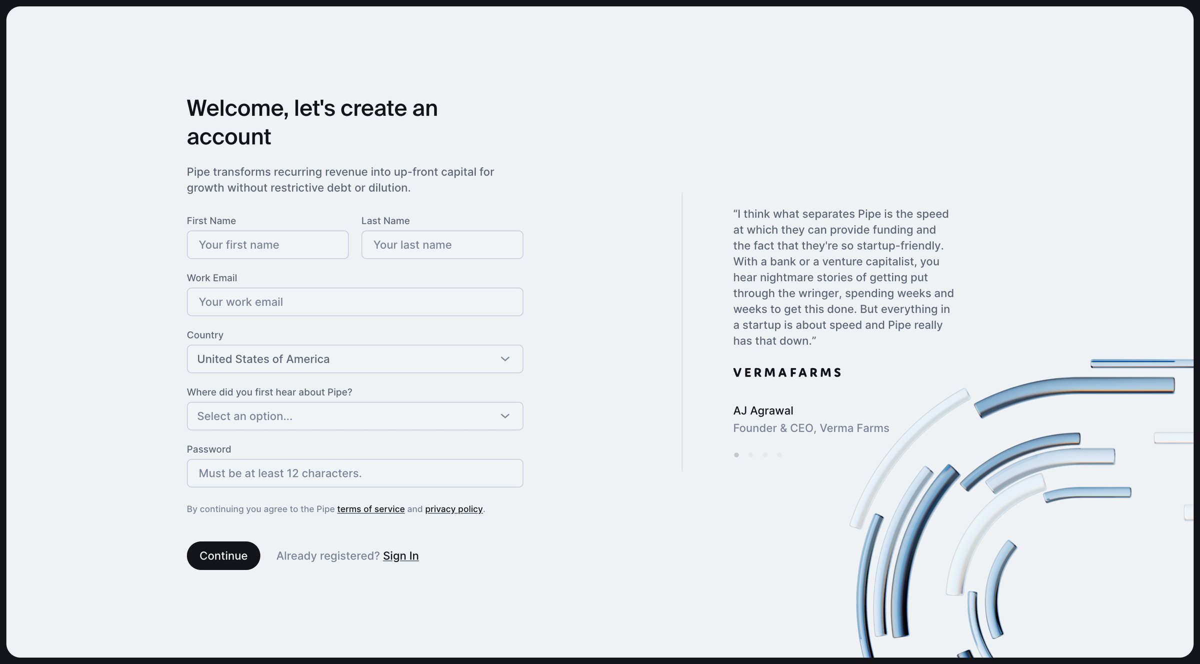 Pipe - Lets create an account screen