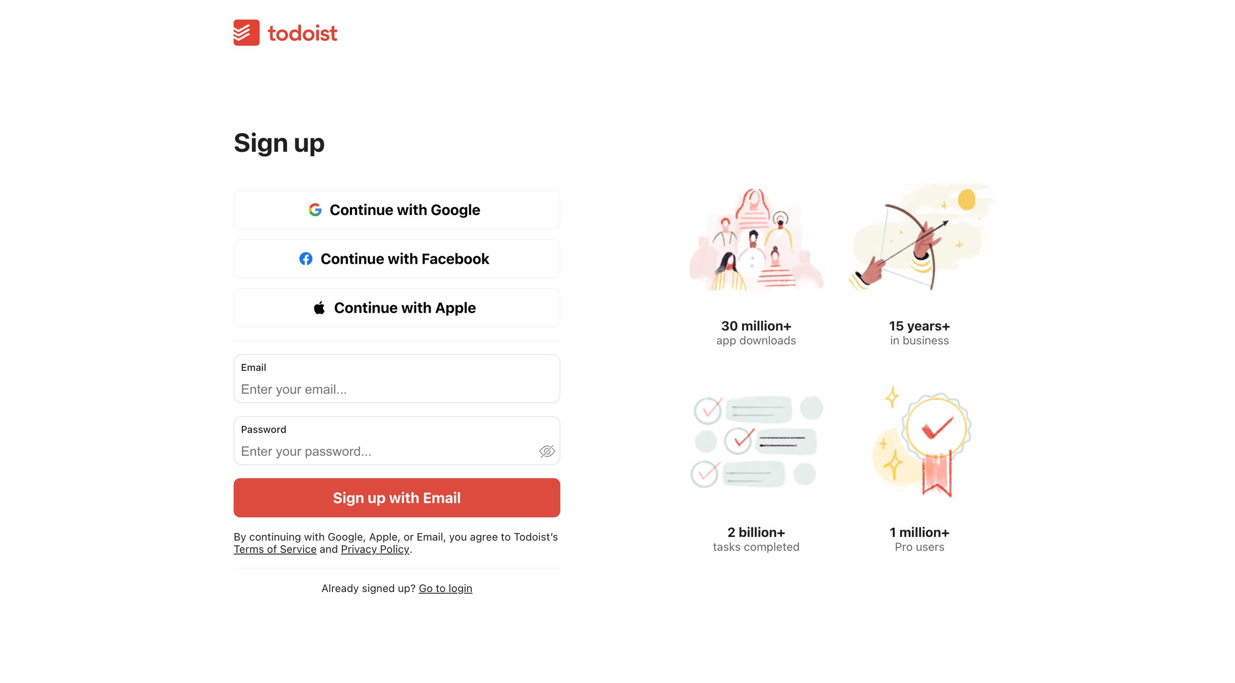Todoist - Sign up for a free Todoist account screen