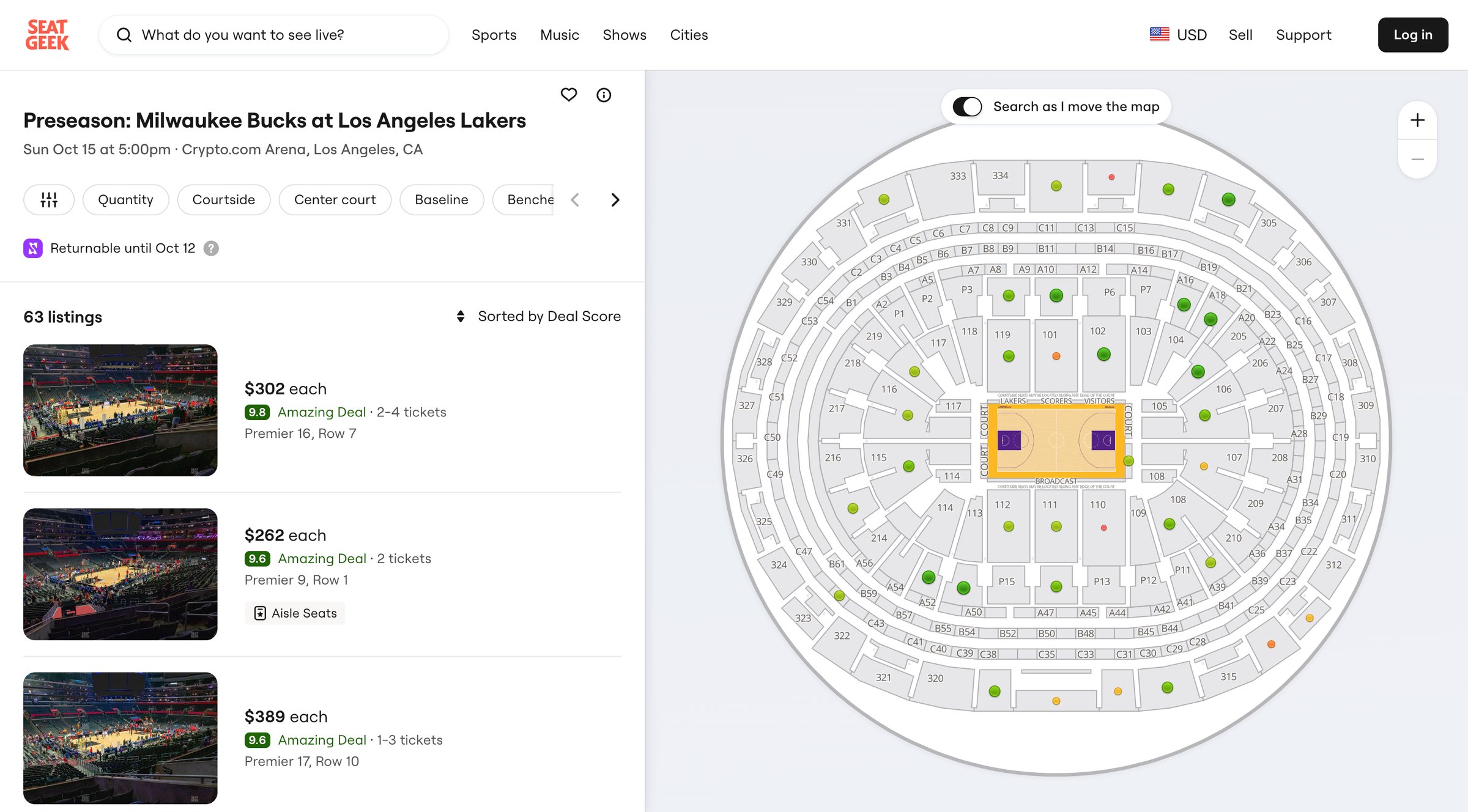 SeatGeek - Preseason Bucks at Lakers Tickets in Los Angeles Crypto.com Arena screen