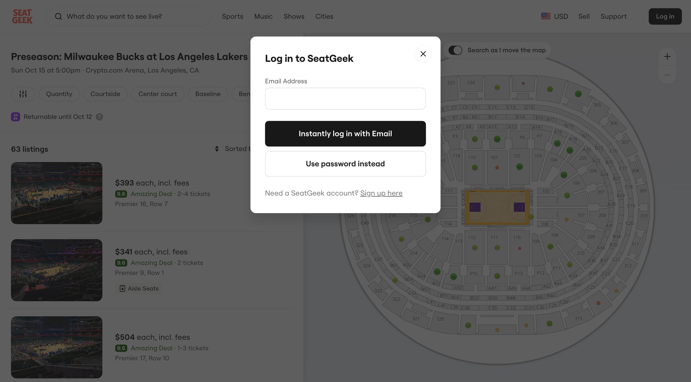SeatGeek - Preseason Bucks at Lakers Tickets in Los Angeles Crypto.com Arena screen