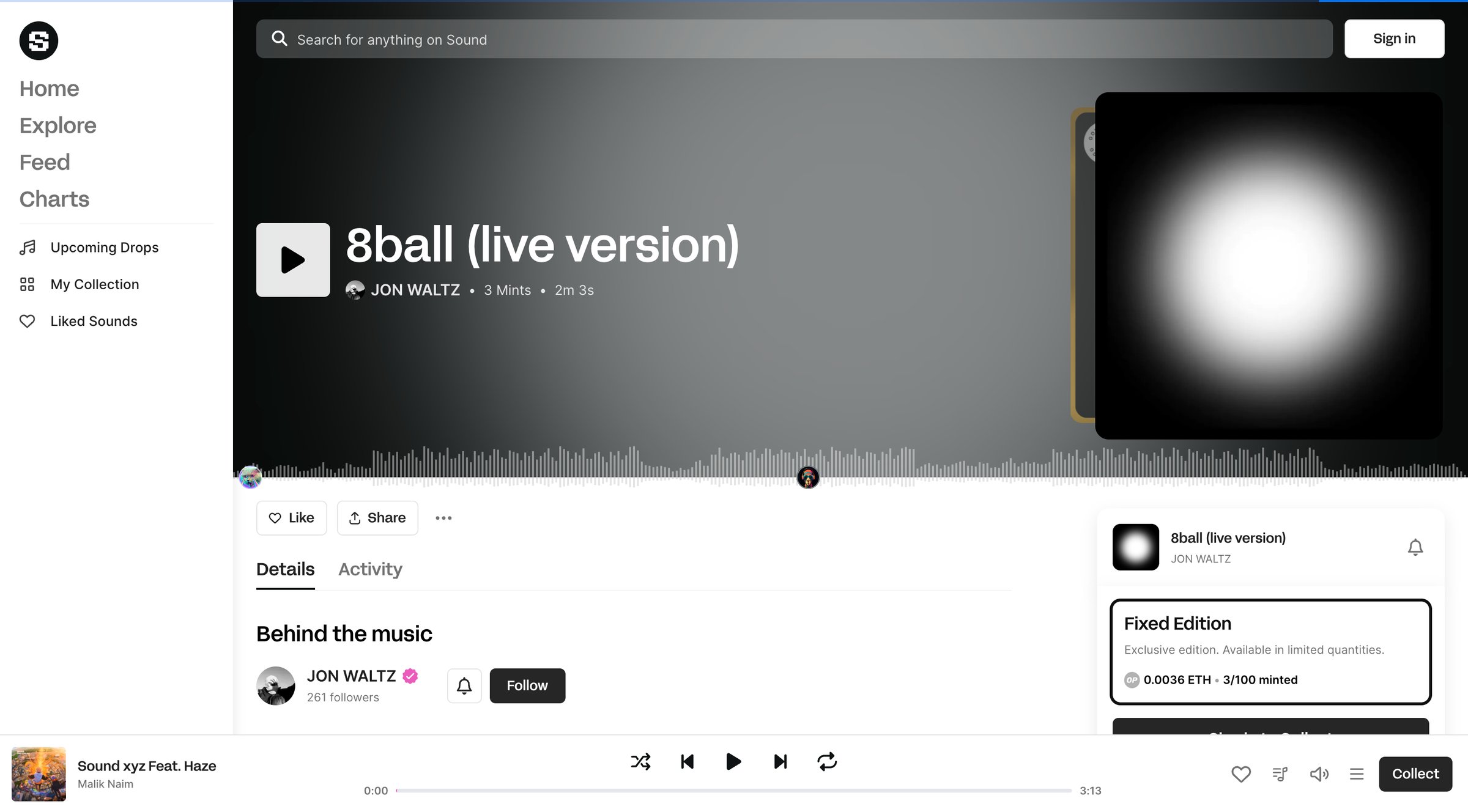 Sound.xyz - JON WALTZ - 8ball live version screen