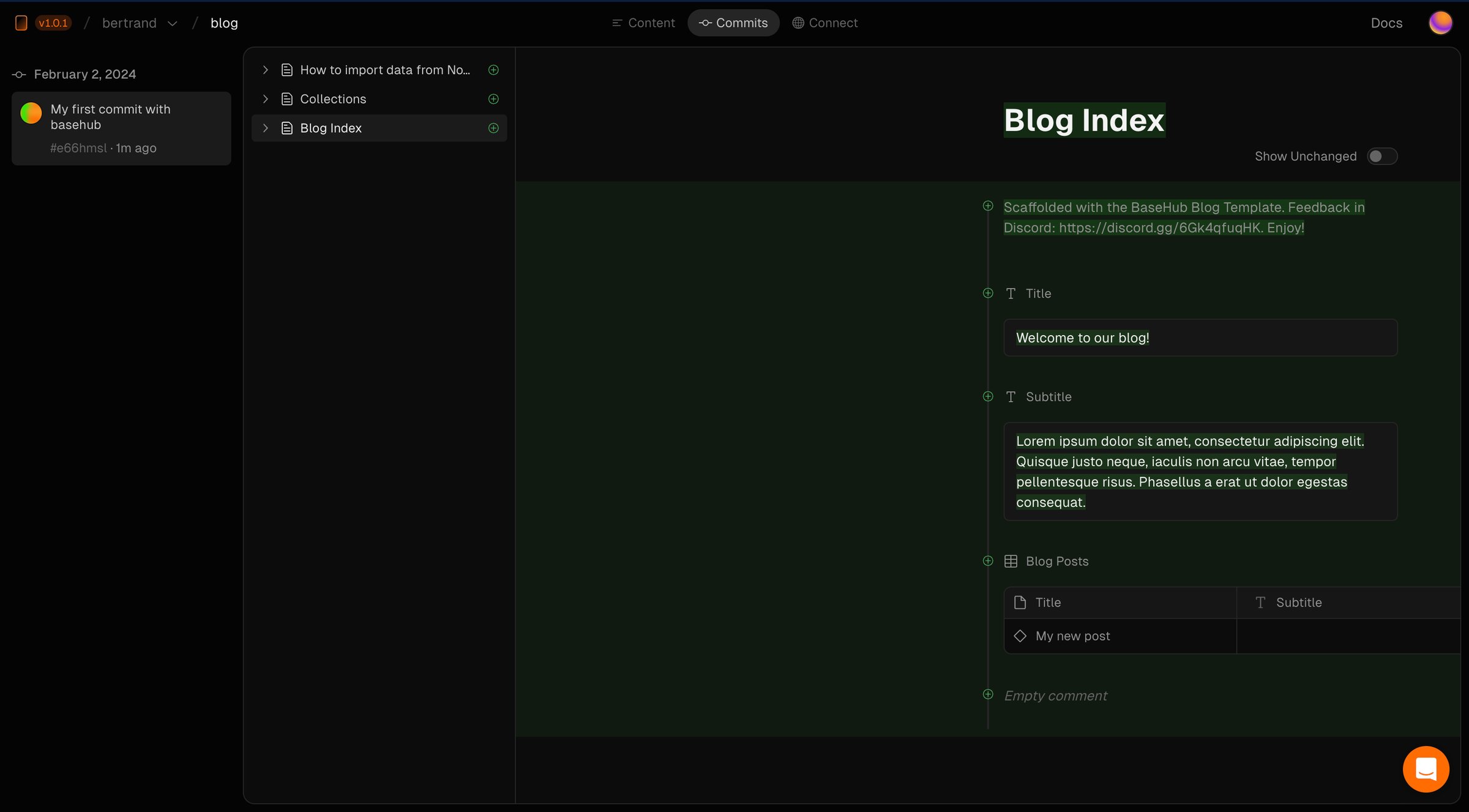 Basehub - Commits • bertrandblog — BaseHub screen