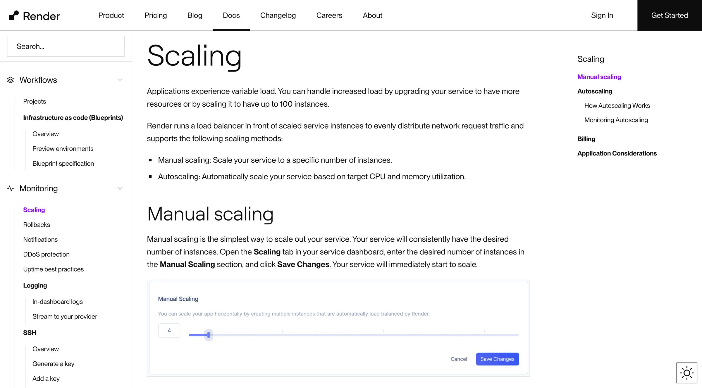 Render - Scaling | Render Docs screen