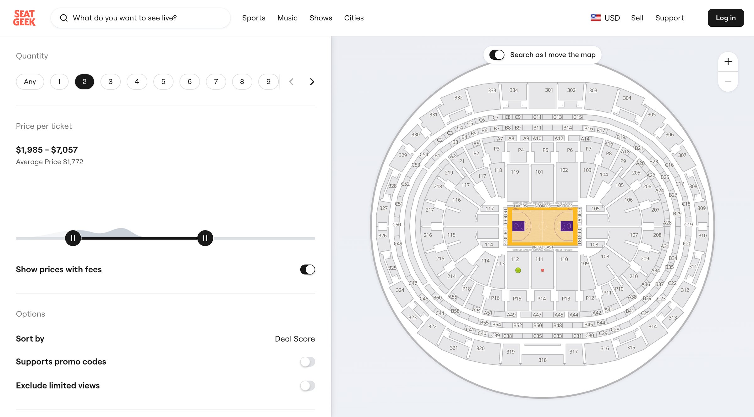 SeatGeek - Preseason Bucks at Lakers Tickets in Los Angeles Crypto.com Arena screen