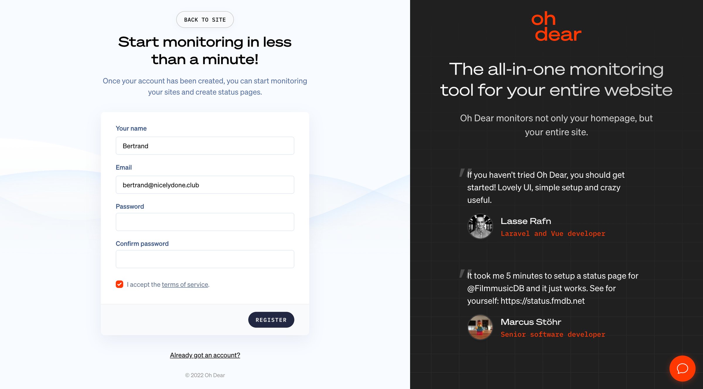 Oh Dear - Start monitoring for free - Oh Dear screen