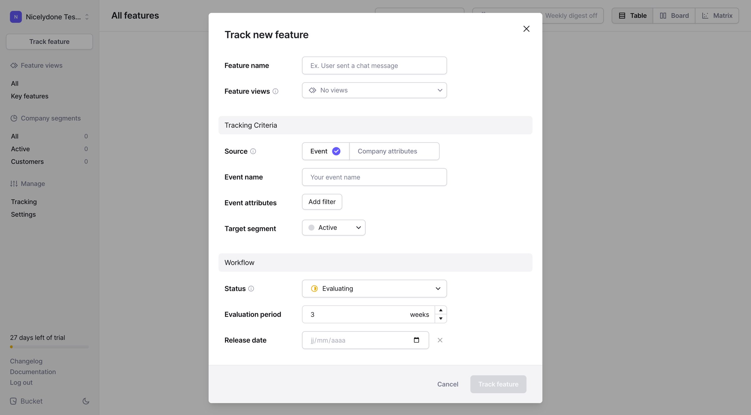 Bucket - Features › All Features screen