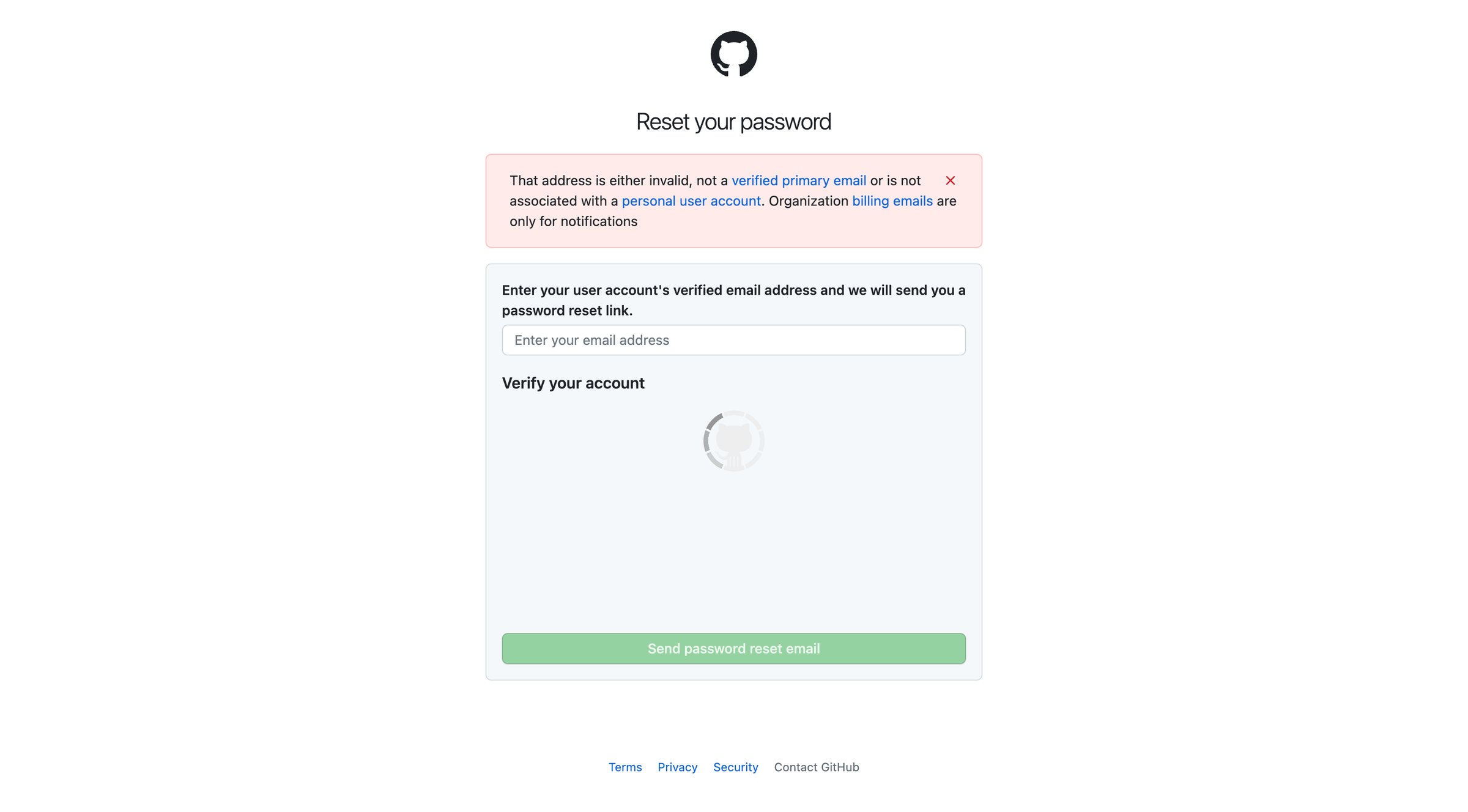 Github - Forgot your password · GitHub screen