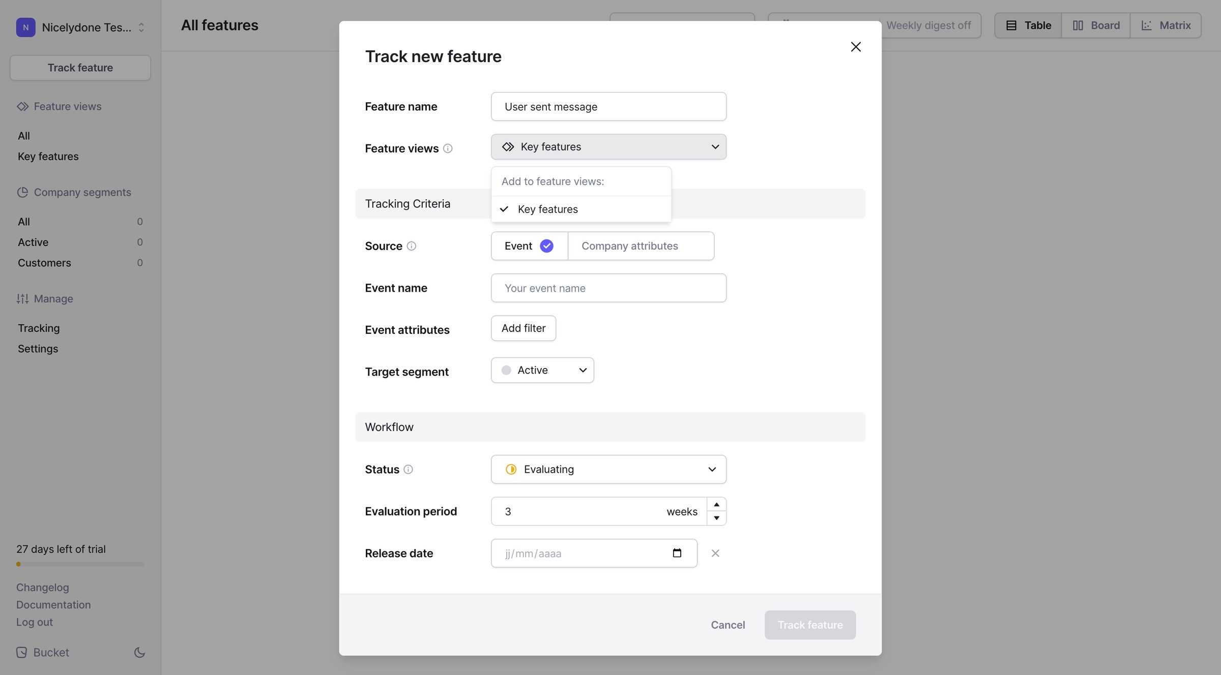 Bucket - Features › All Features screen