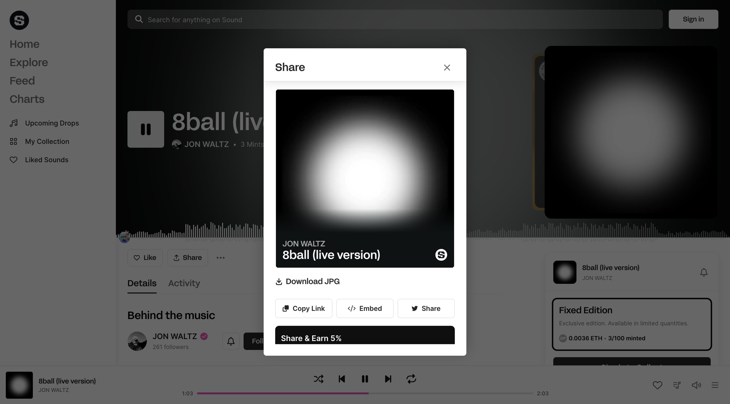 Sound.xyz - 8ball live version • JON WALTZ screen