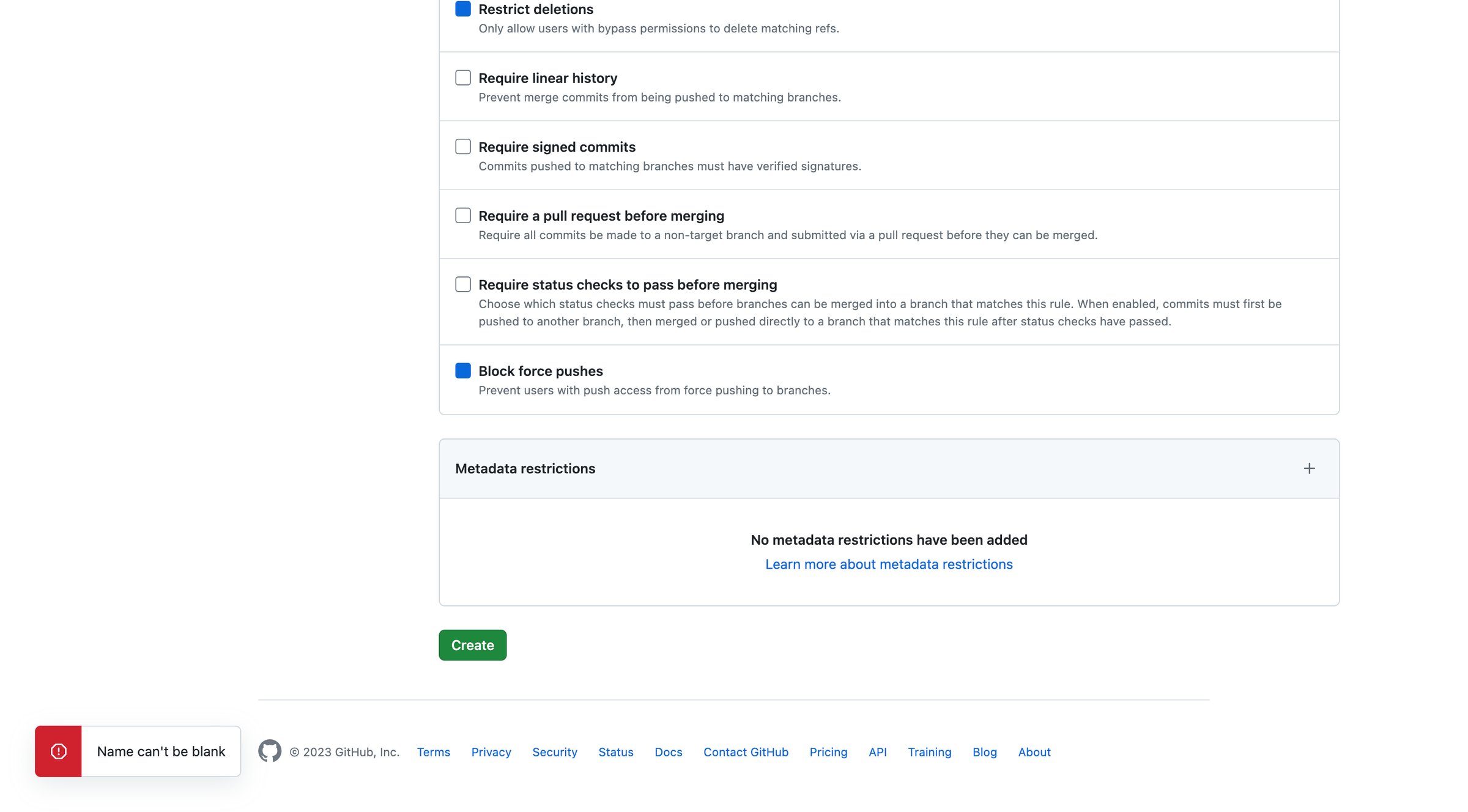 Github - Settings · Ruleset · nicelydone2023 · GitHub screen