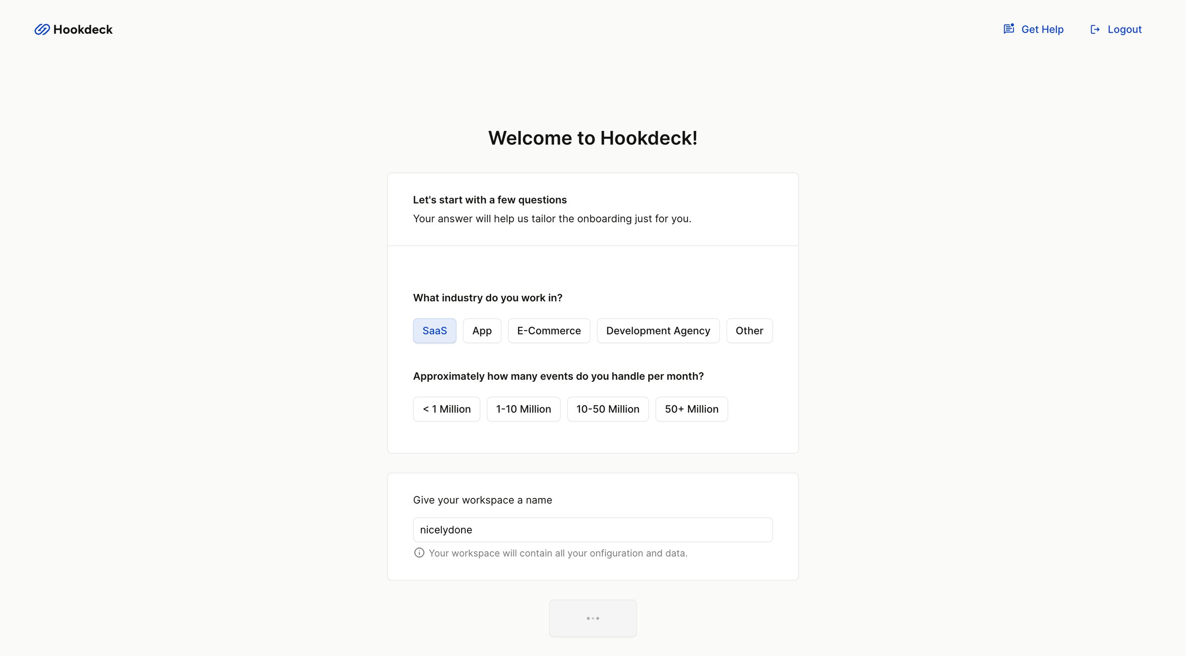 Hookdeck - Onboarding - Workspace - Hookdeck screen