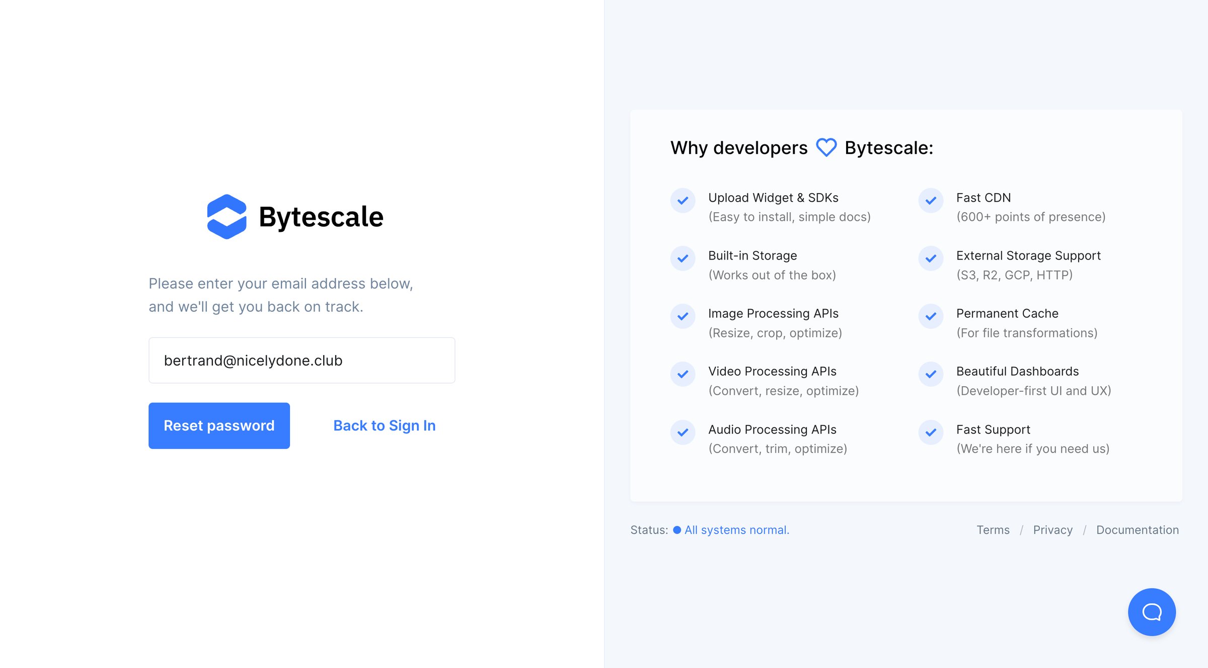 Bytescale - Forgotten Password | Bytescale screen