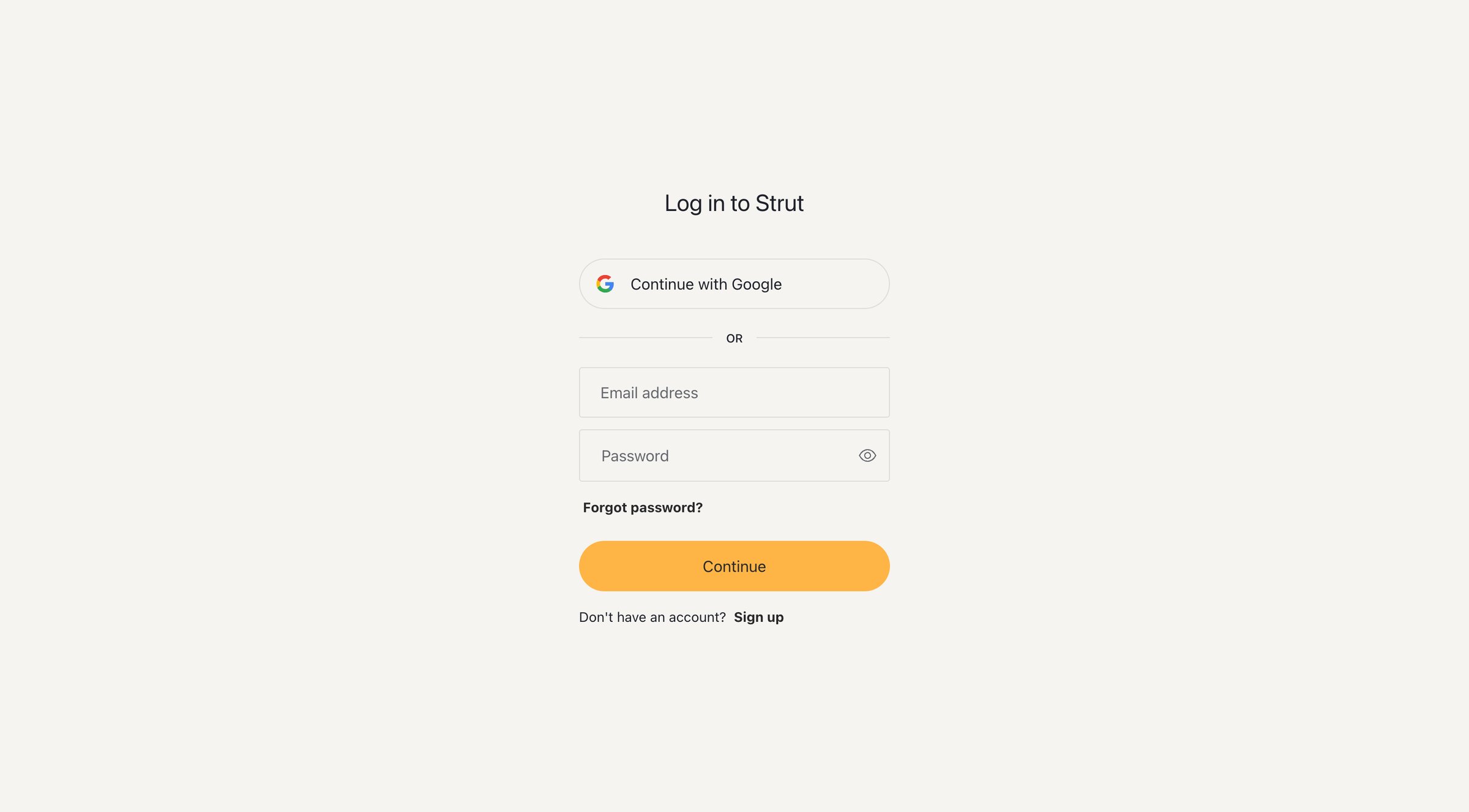 Strut - Log in — Strut screen