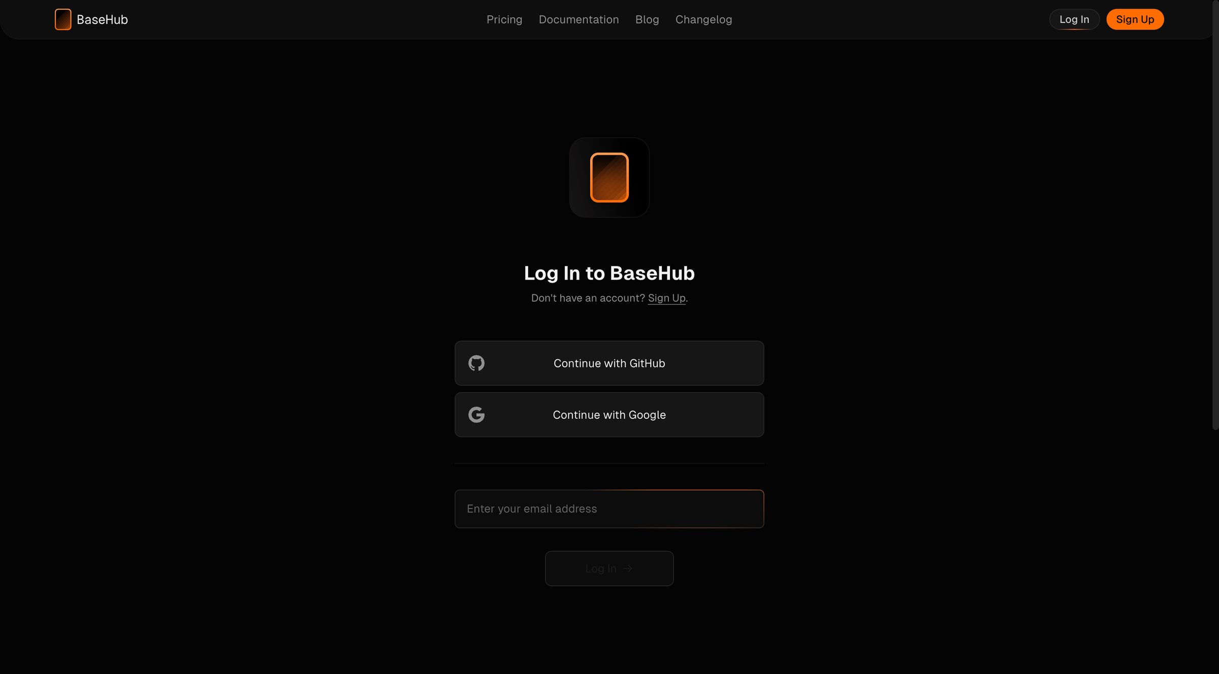 Basehub - Log In — BaseHub screen