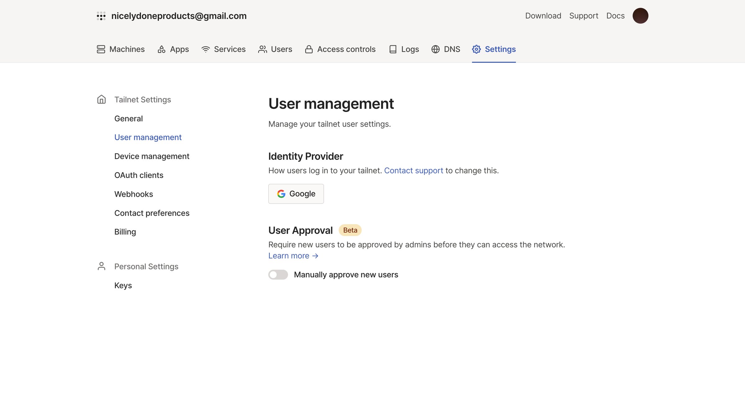 Tailscale - User management - Tailscale screen
