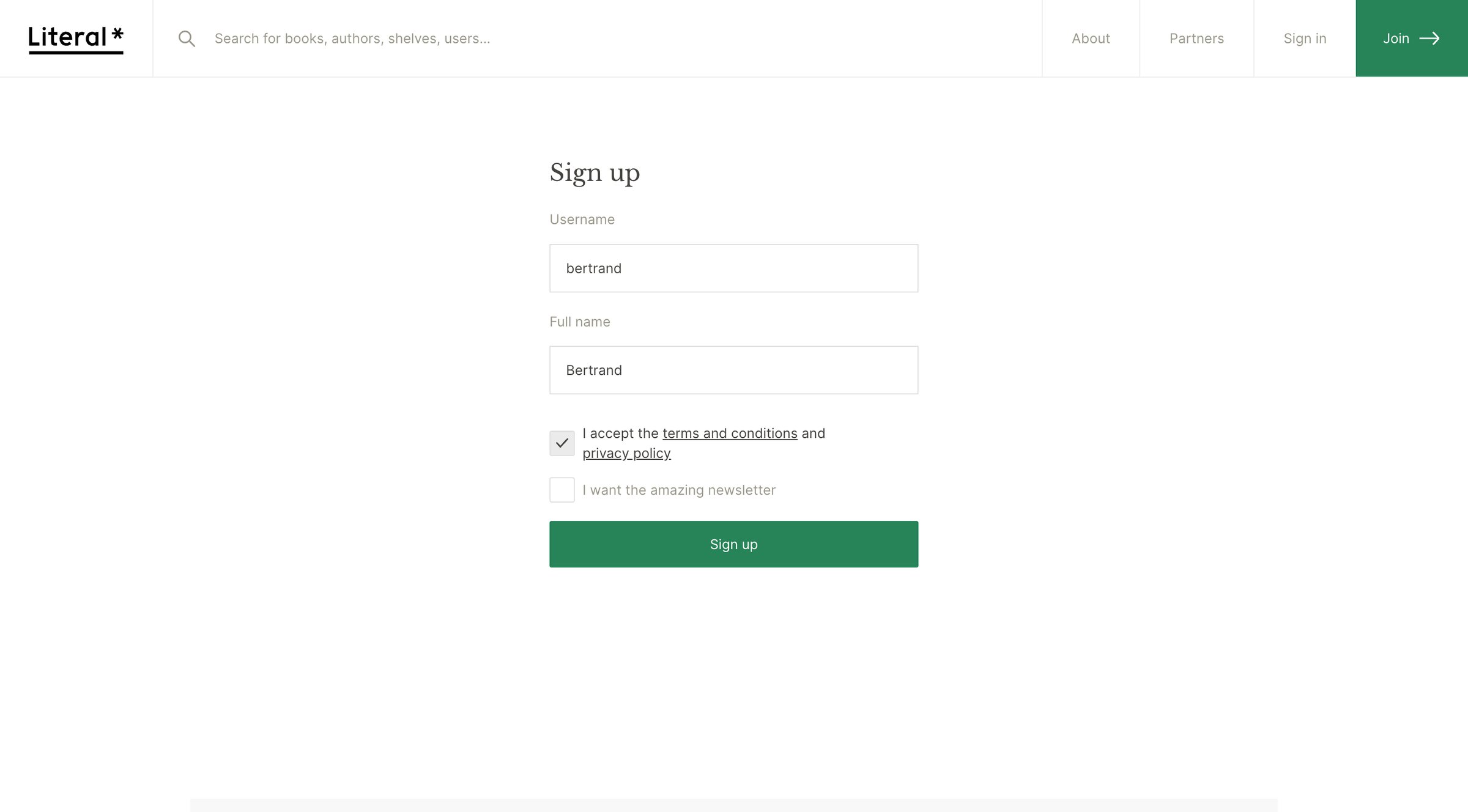 Literal - Sign up | Literal screen