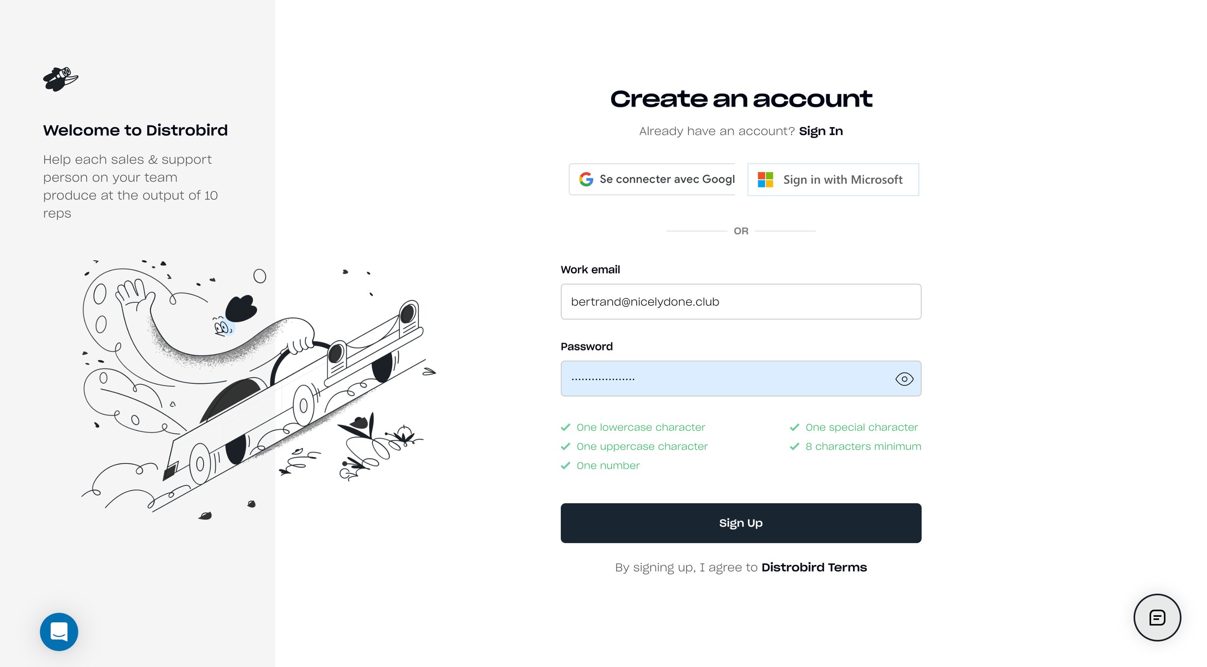 Distrobird - Distrobird.com Create a free Distrobird account screen