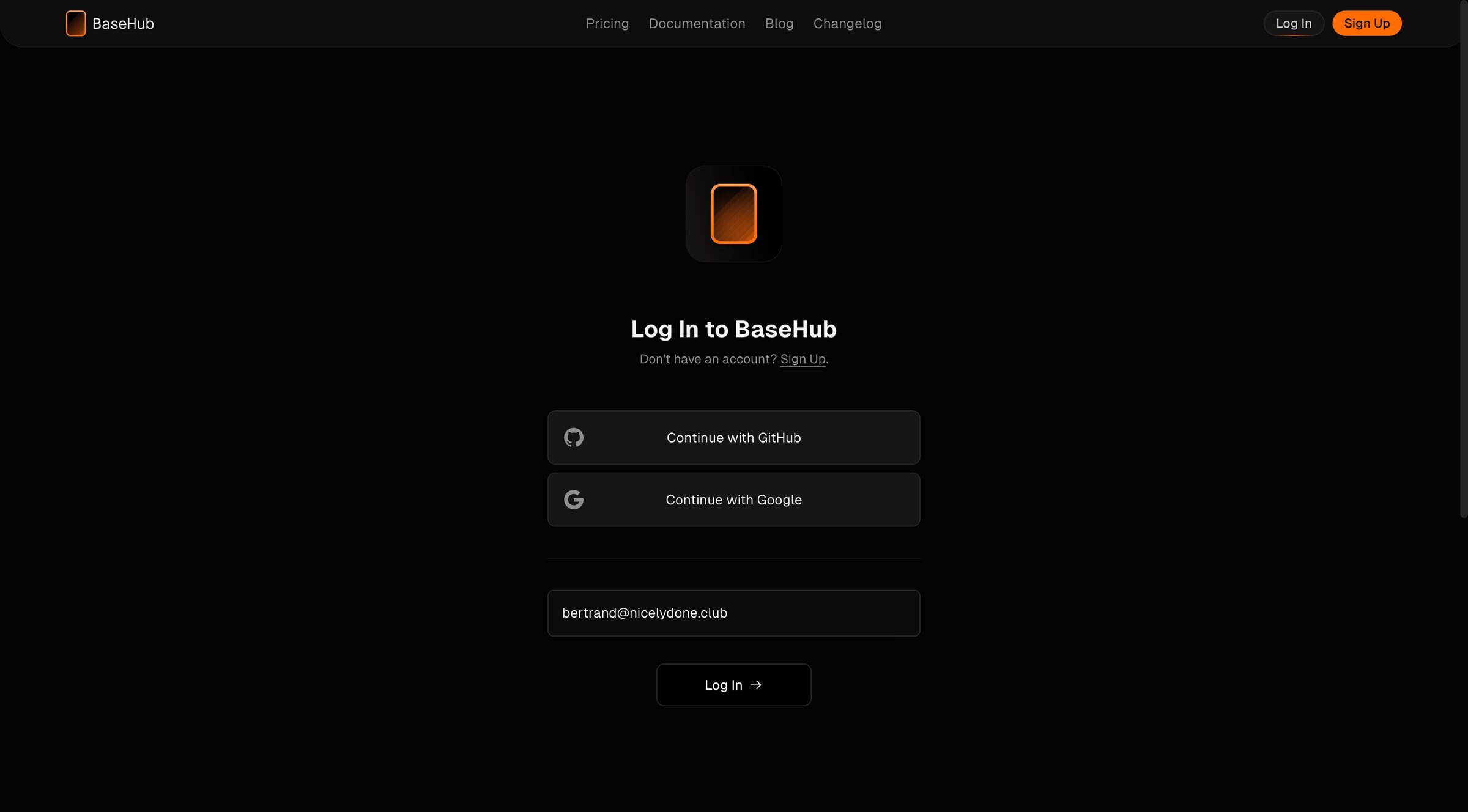 Basehub - Log In — BaseHub screen