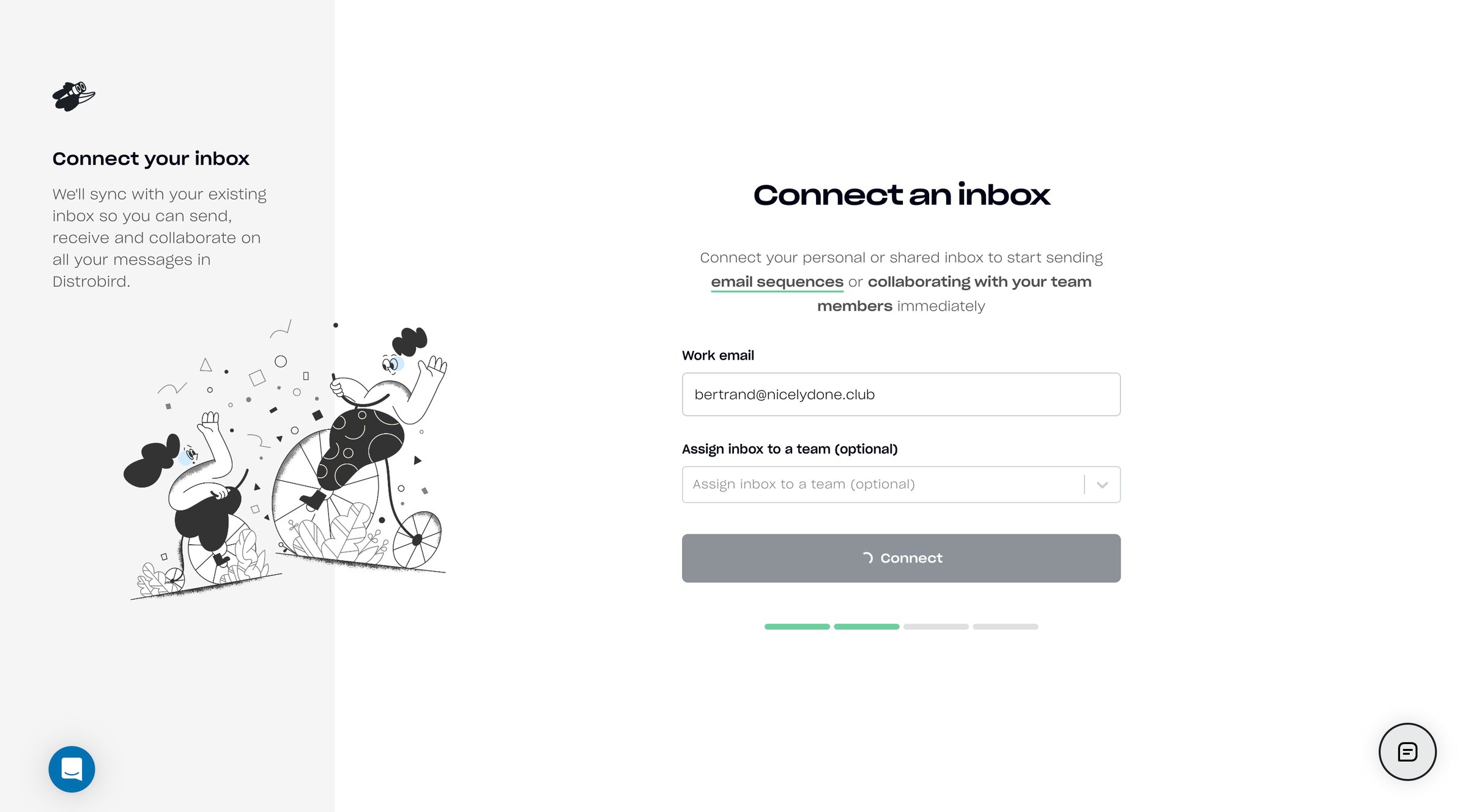 Distrobird - Connect Email screen