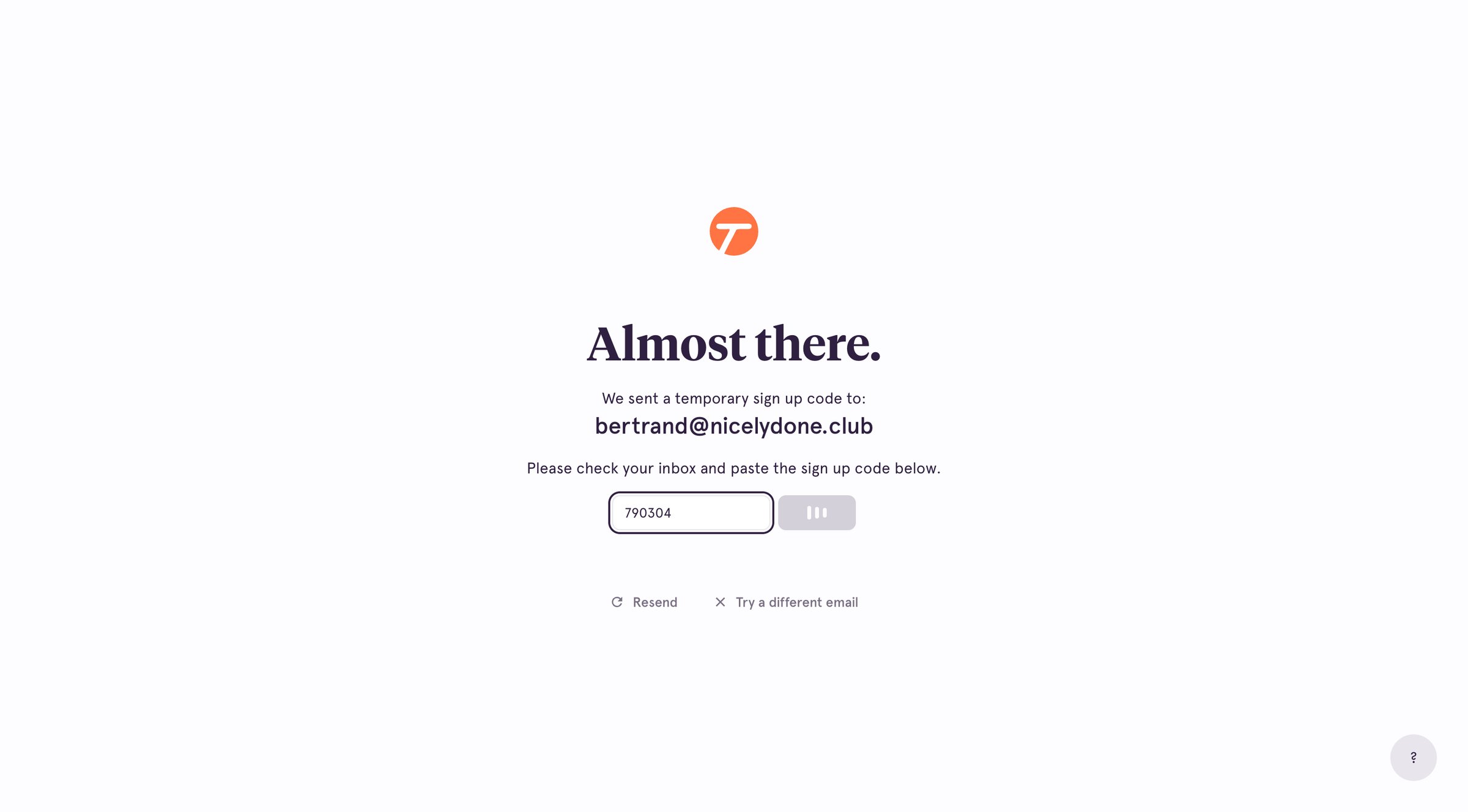 Tango - Confirm Sign Up screen